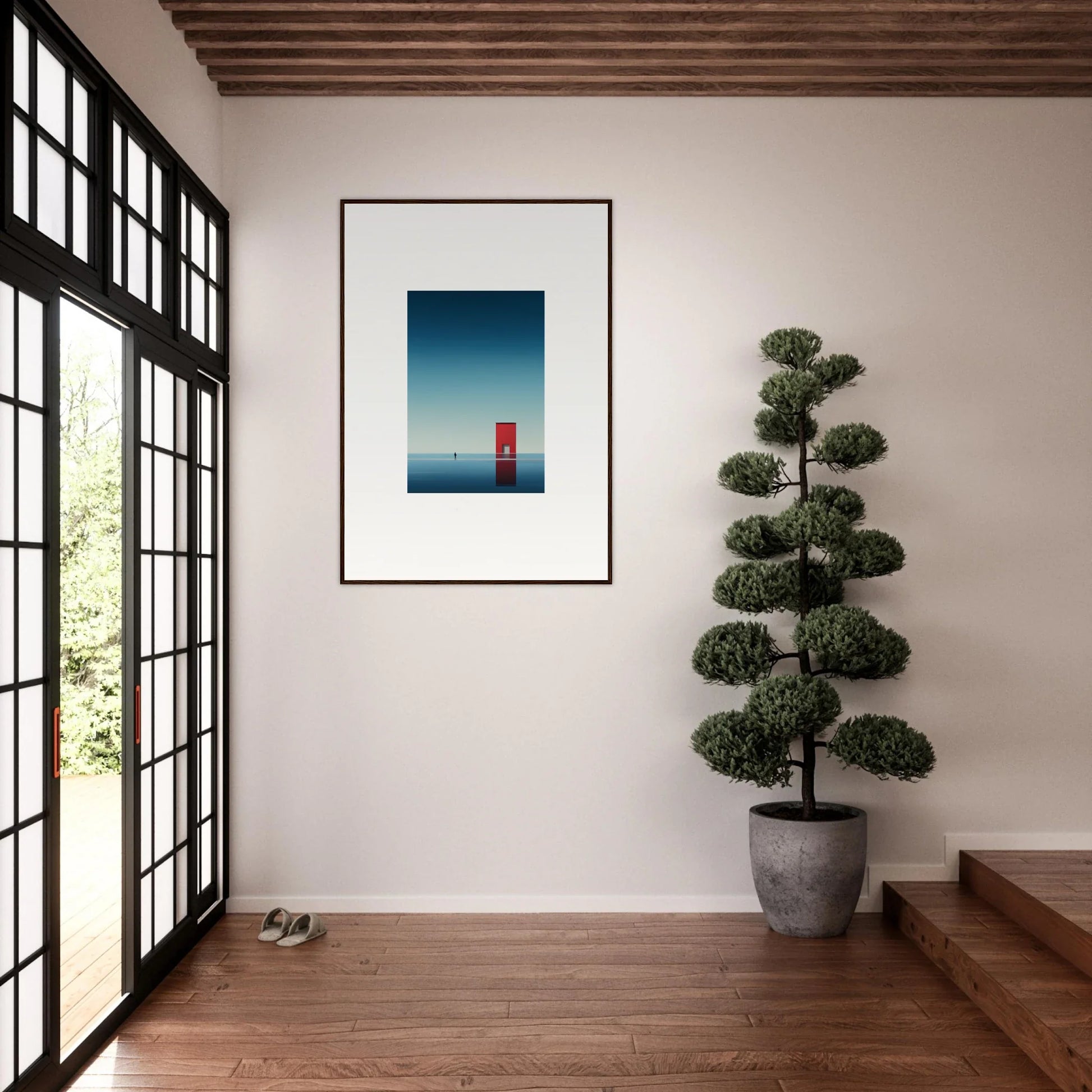 Framed minimalist art of a red object on blue, perfect for your Open Horizon collection
