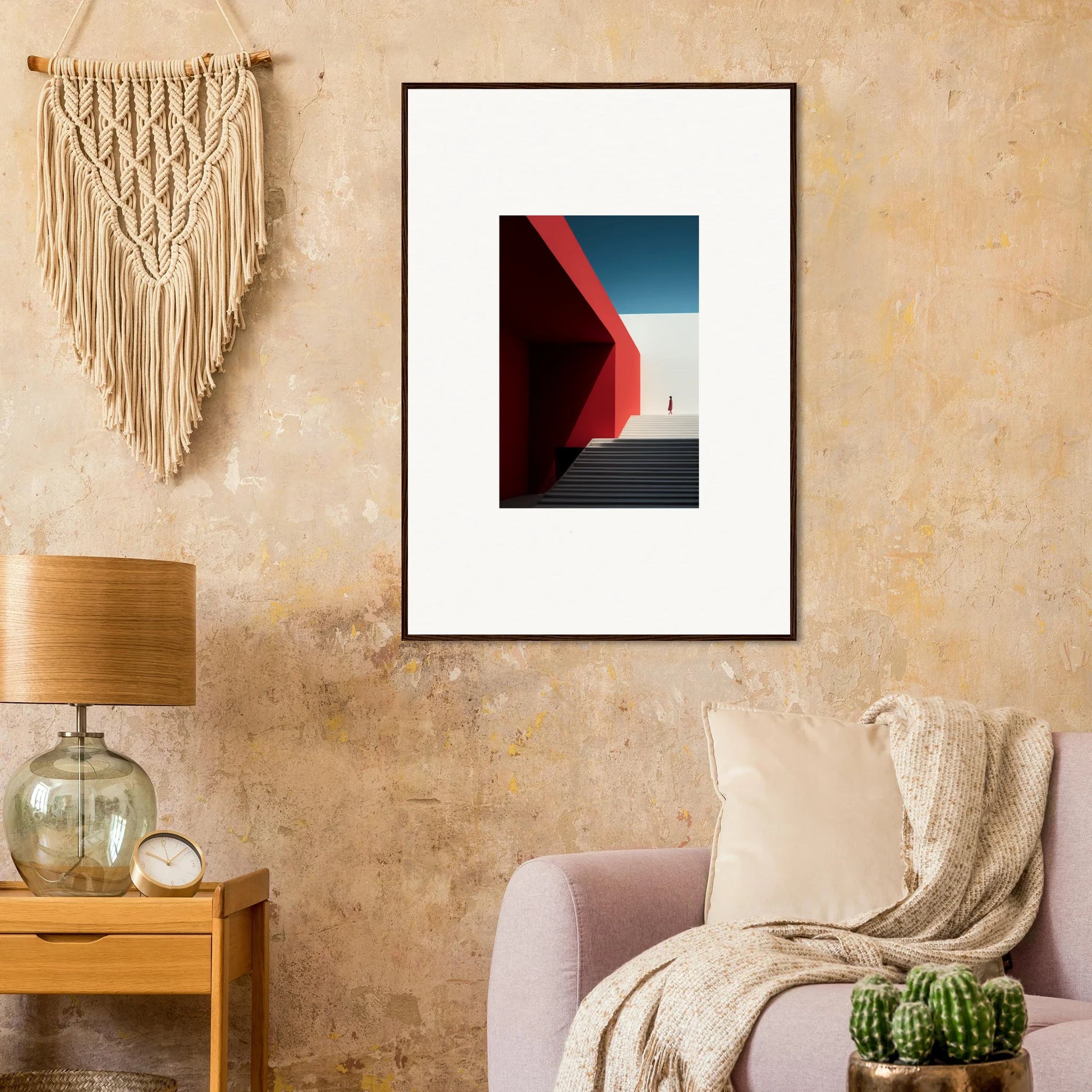 Framed wall art featuring red architectural geometry in Mesa Quizzes Cascades special edition