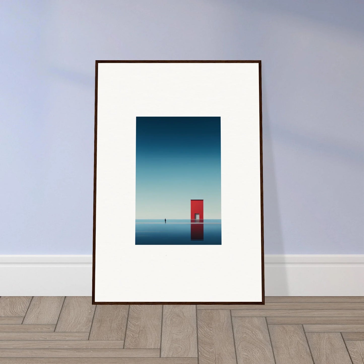 Framed minimalist art print of a red door on blue horizon from Open Horizon special edition art™