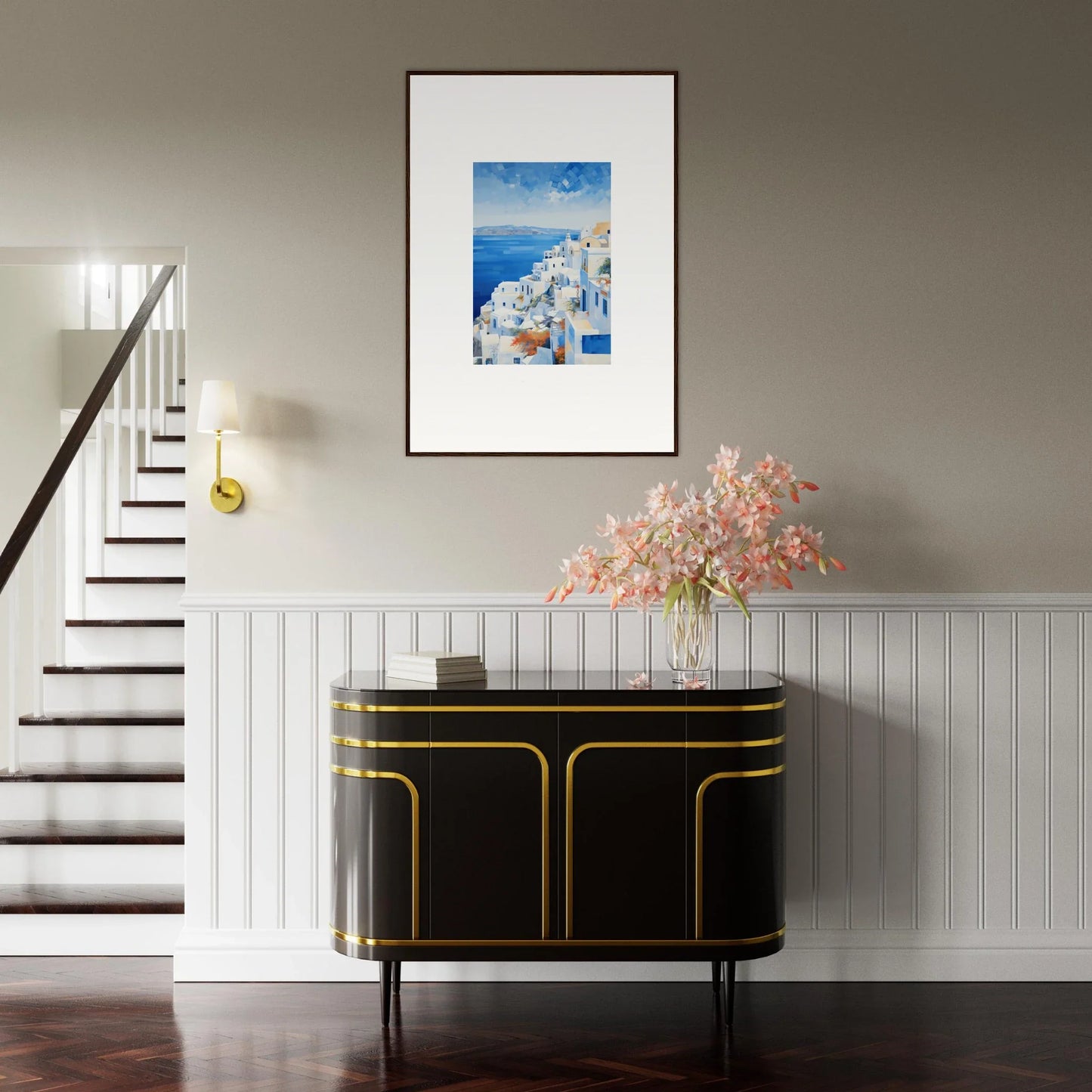 Art Deco black credenza with gold trim in Ethereal Azure Echoes special edition Art™
