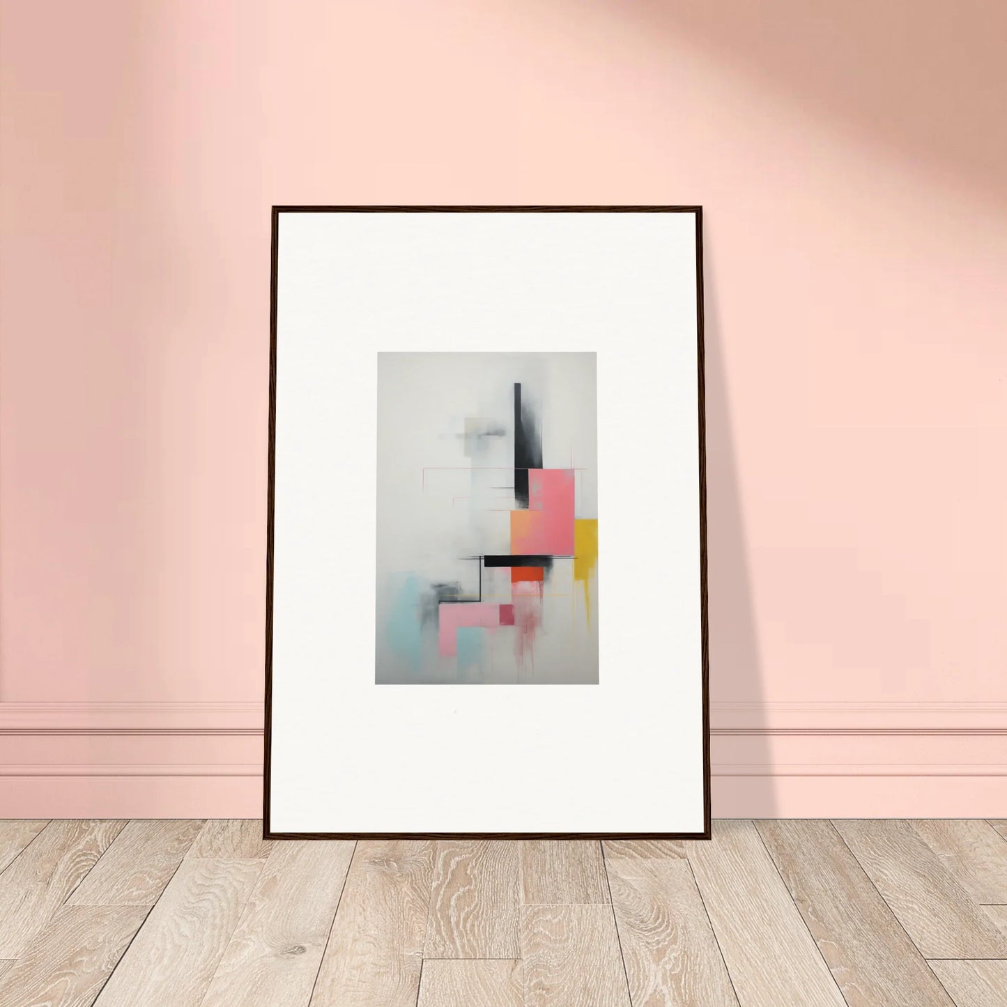 Framed wall art of Ethereal Chrome Juxtaposition with geometric shapes in pink and yellow
