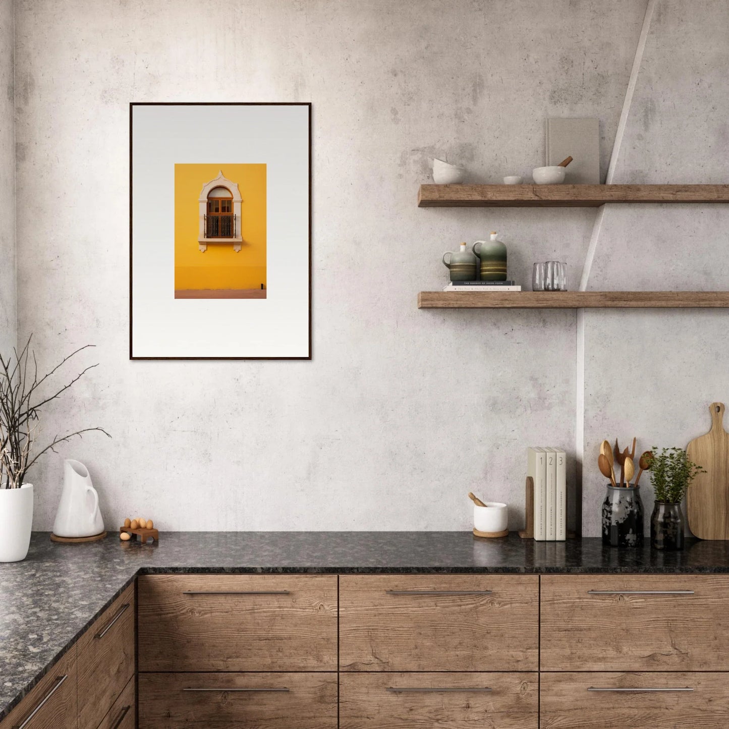 Framed photo of a yellow wall with an arched window from Golden Portal Reverie