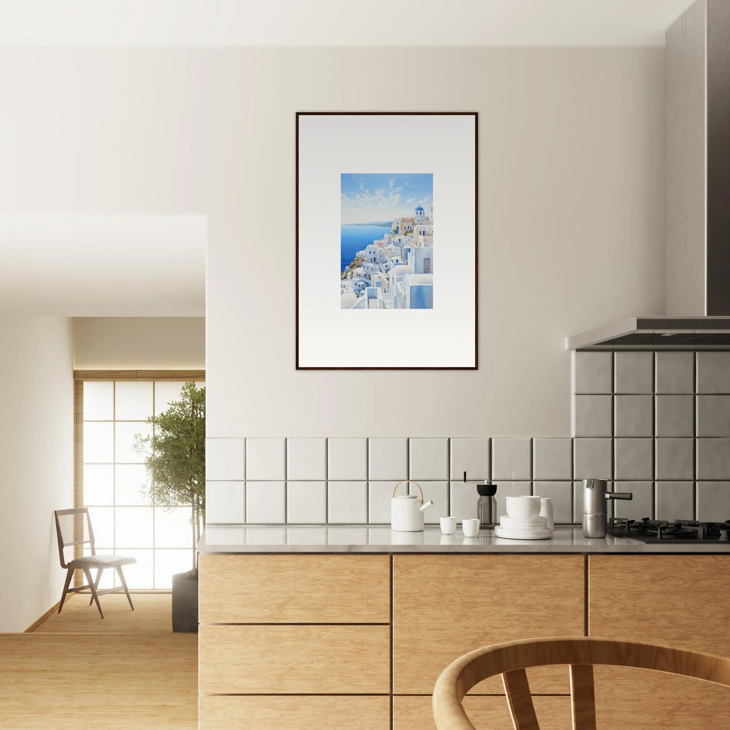 Framed wall art of Santorini’s blue domes and white buildings for dreams overlapping reality
