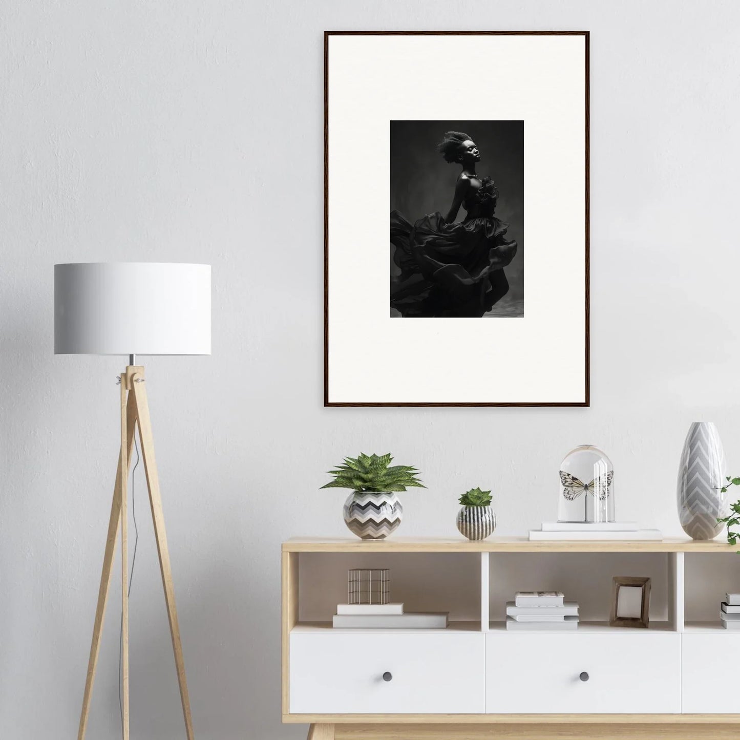 Modern room interior featuring Veiled Nigretto Whispers above sleek storage and plants