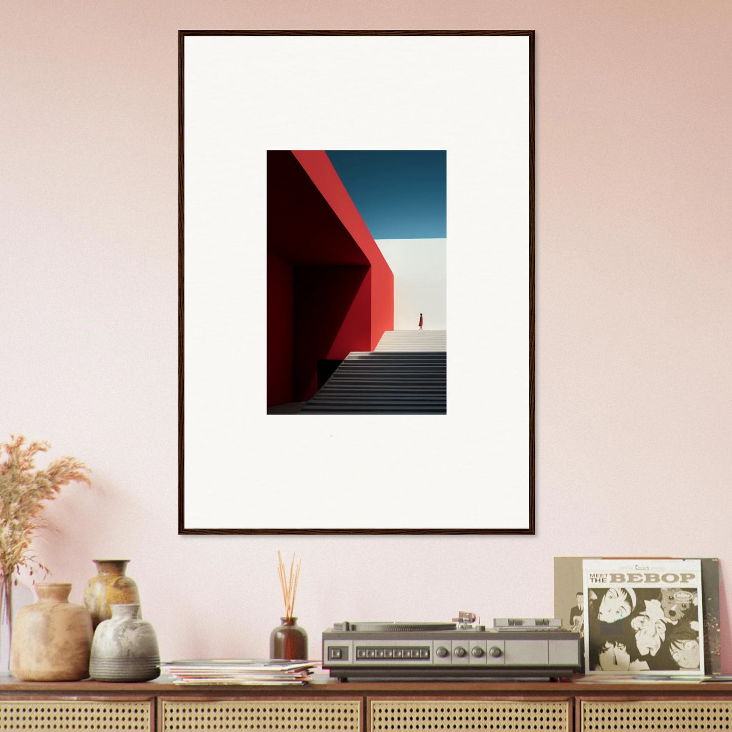Framed minimalist photo with red walls and stairs for Mesa Quizzes Cascades art