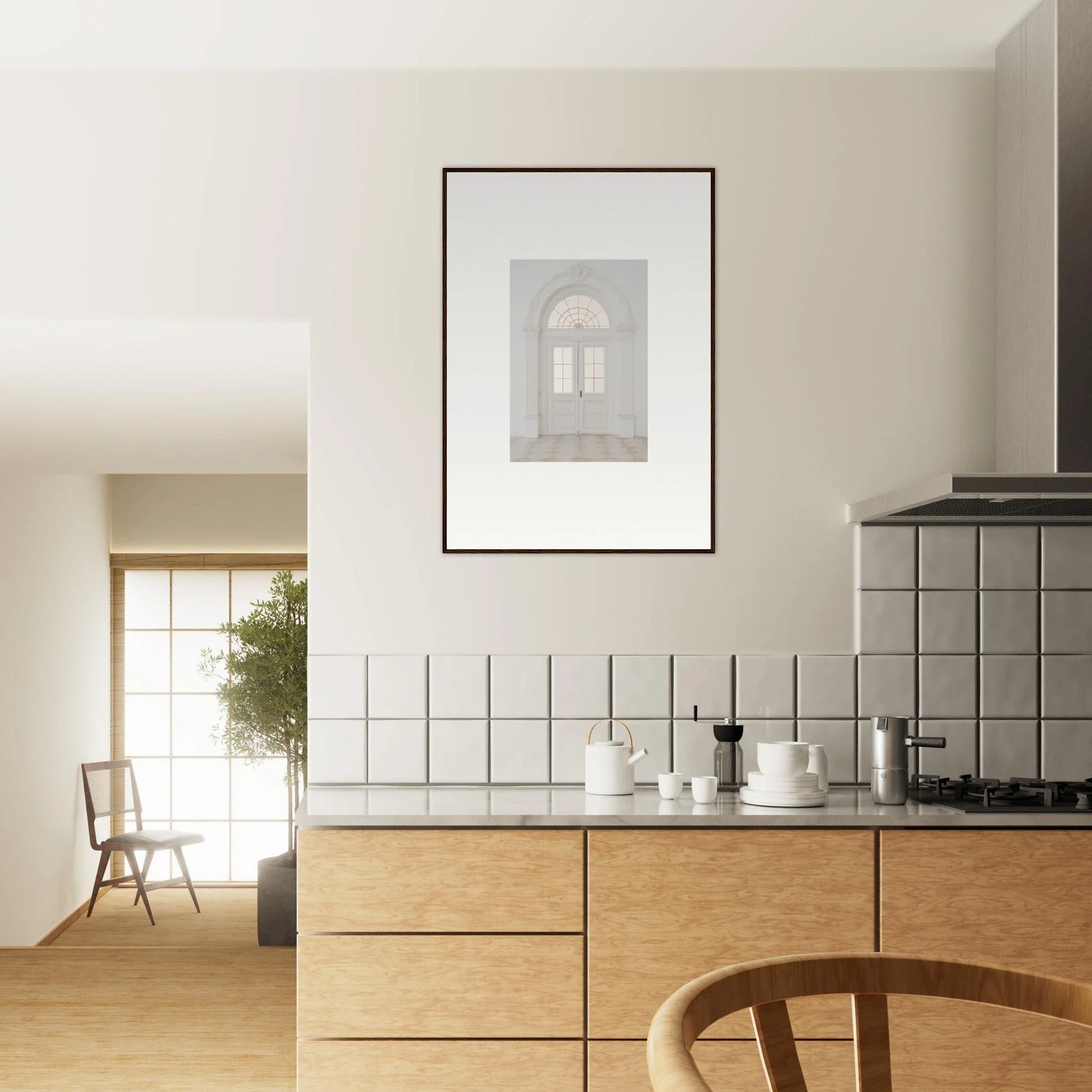 Modern kitchen with light wood cabinets and white tile from Portal Poise Unveiled