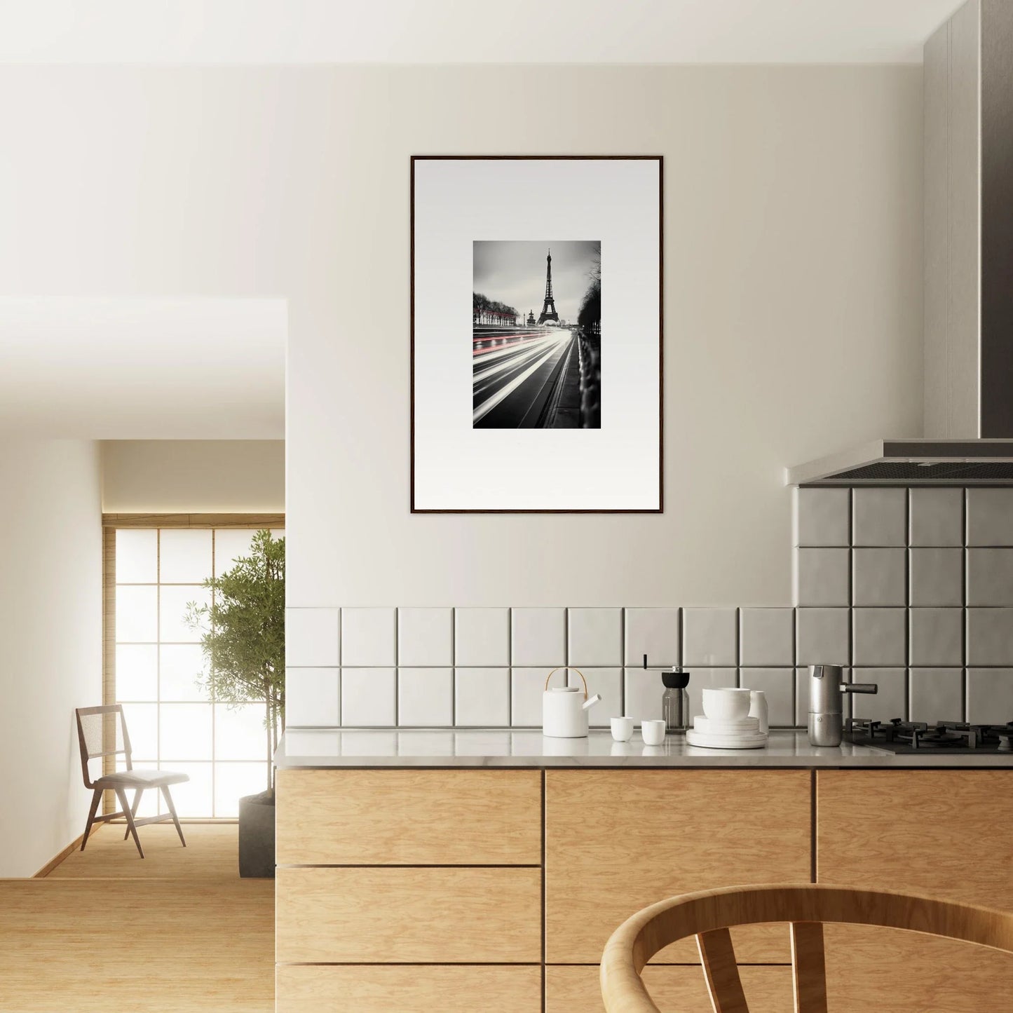 Framed black and white Eiffel Tower photo in Eternal Windsweep Halo special edition art™