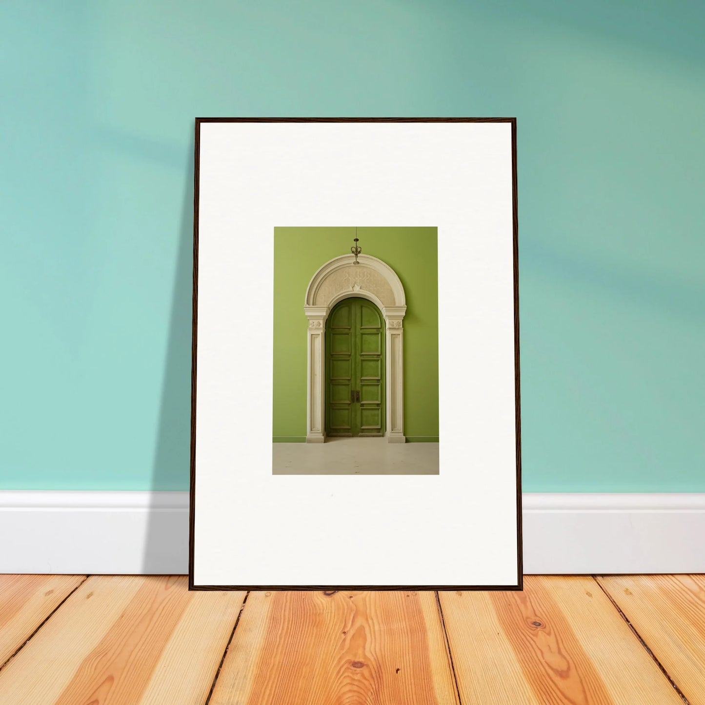 Framed wall art of a green door in an arched stone doorway, Verdant Luminary Portal
