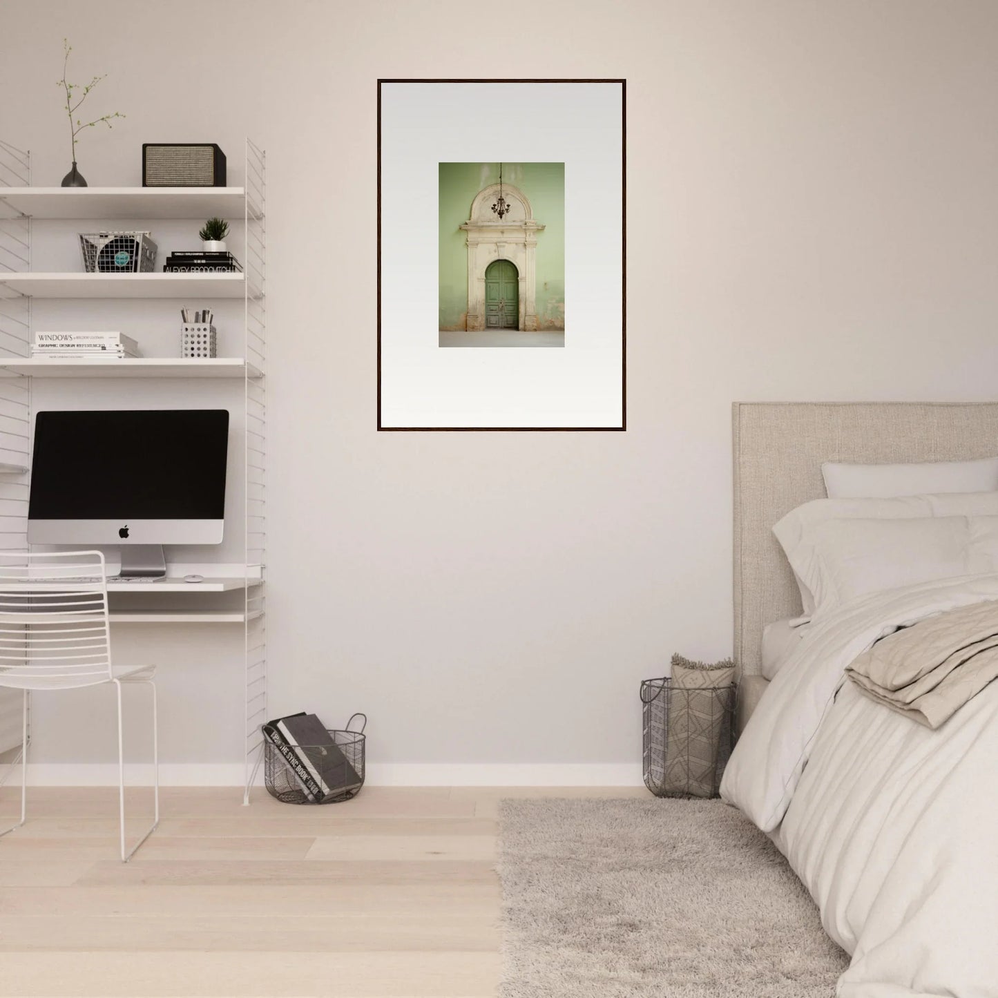 Minimalist bedroom with white shelves, iMac, and special edition art in Quiet Whisper
