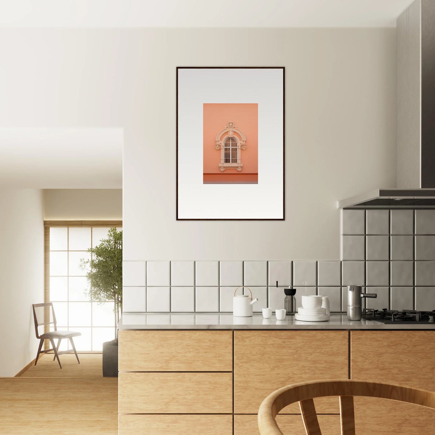 Framed peach-colored window art in Opulent Dualities Neoclassical style on white wall