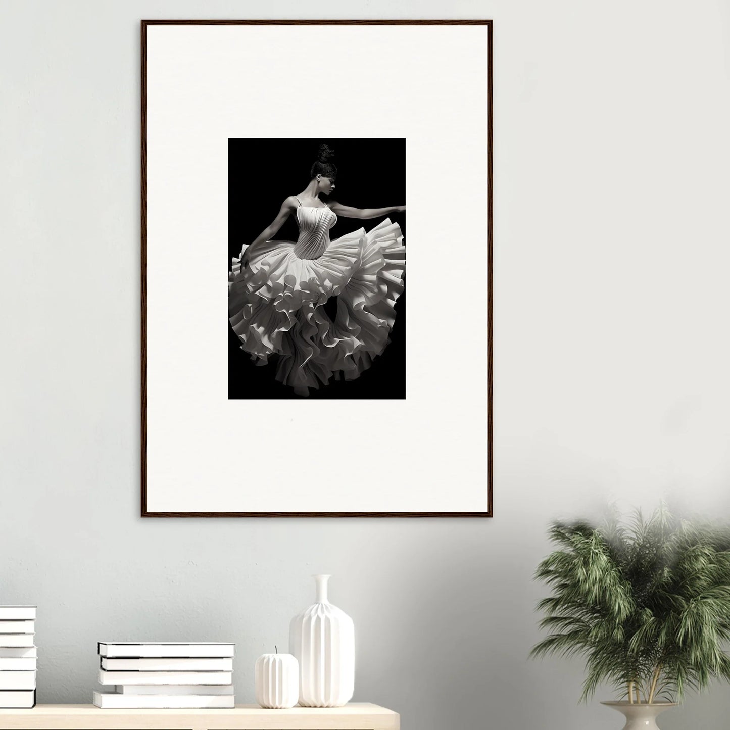 Framed black and white photo of a dancer in a Gossamer Velvet Waltz tulle dress
