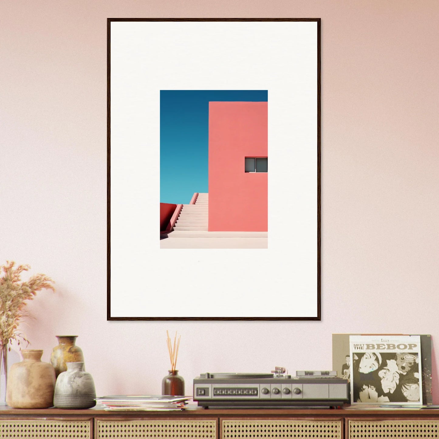 Framed minimalist art of a pink wall and blue sky from Cerulean Dream Ickles