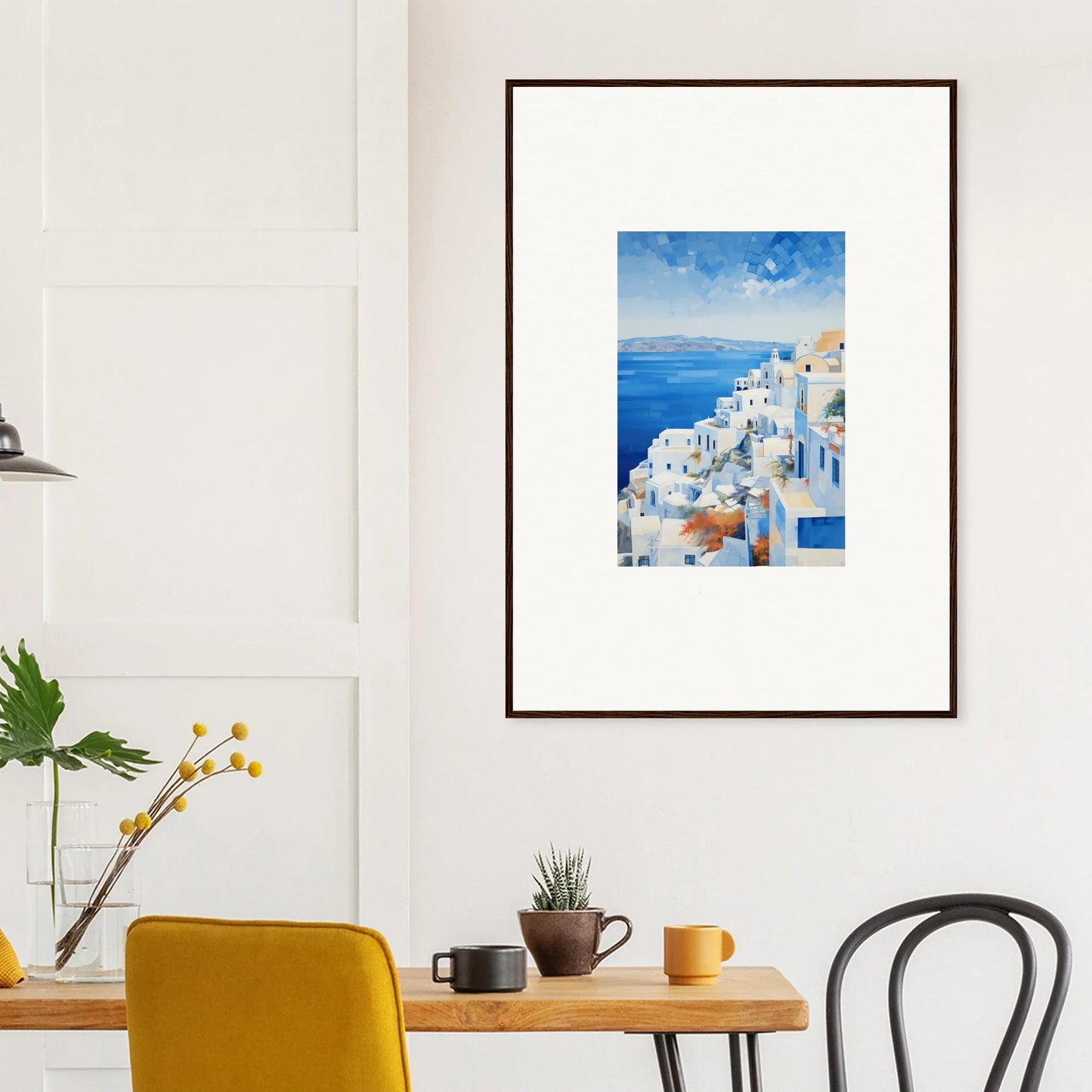 Framed wall art of Santorini’s white buildings and blue sea, Ethereal Azure Echoes