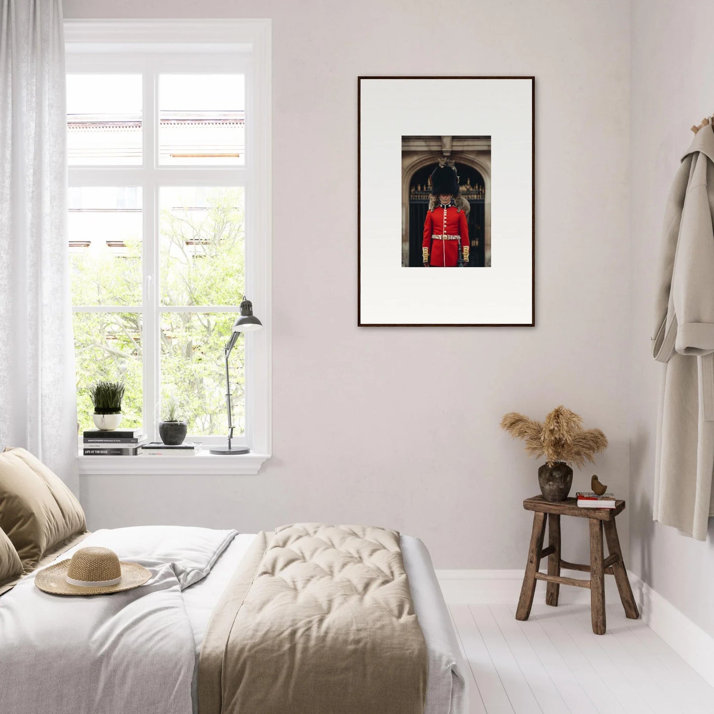 Minimalist bedroom with neutral tones and Monarch’s Dreamaroos premium framed wall art