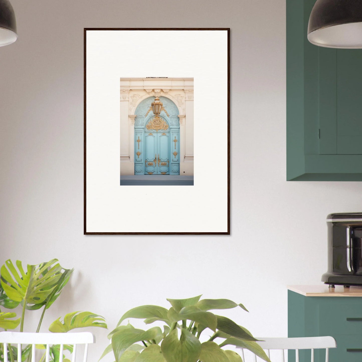 Framed art print of a vintage blue door in Ethereal Thresholding Gate design