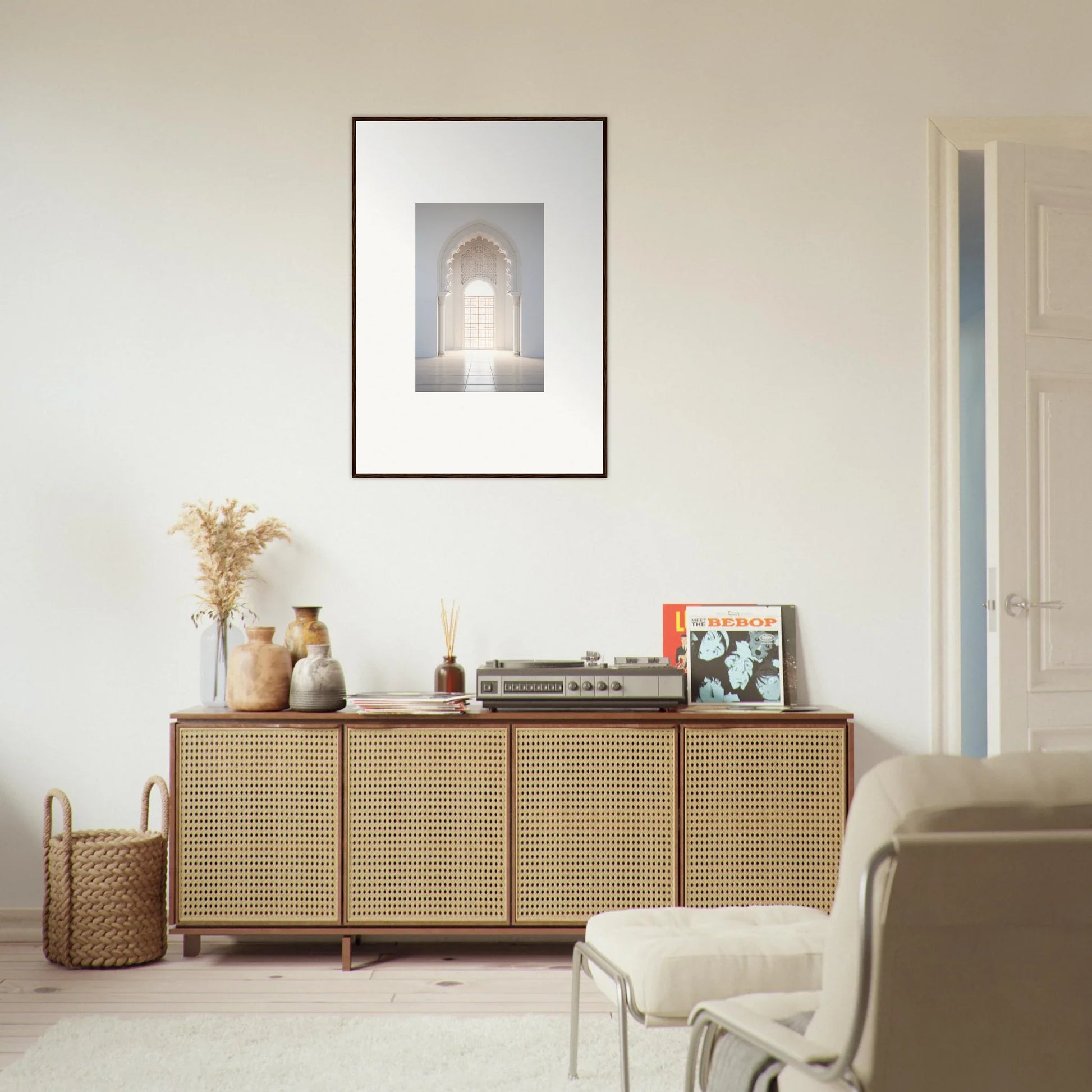 Rattan-fronted wooden credenza from Threshold Dreamscapes Portal with four cabinet doors