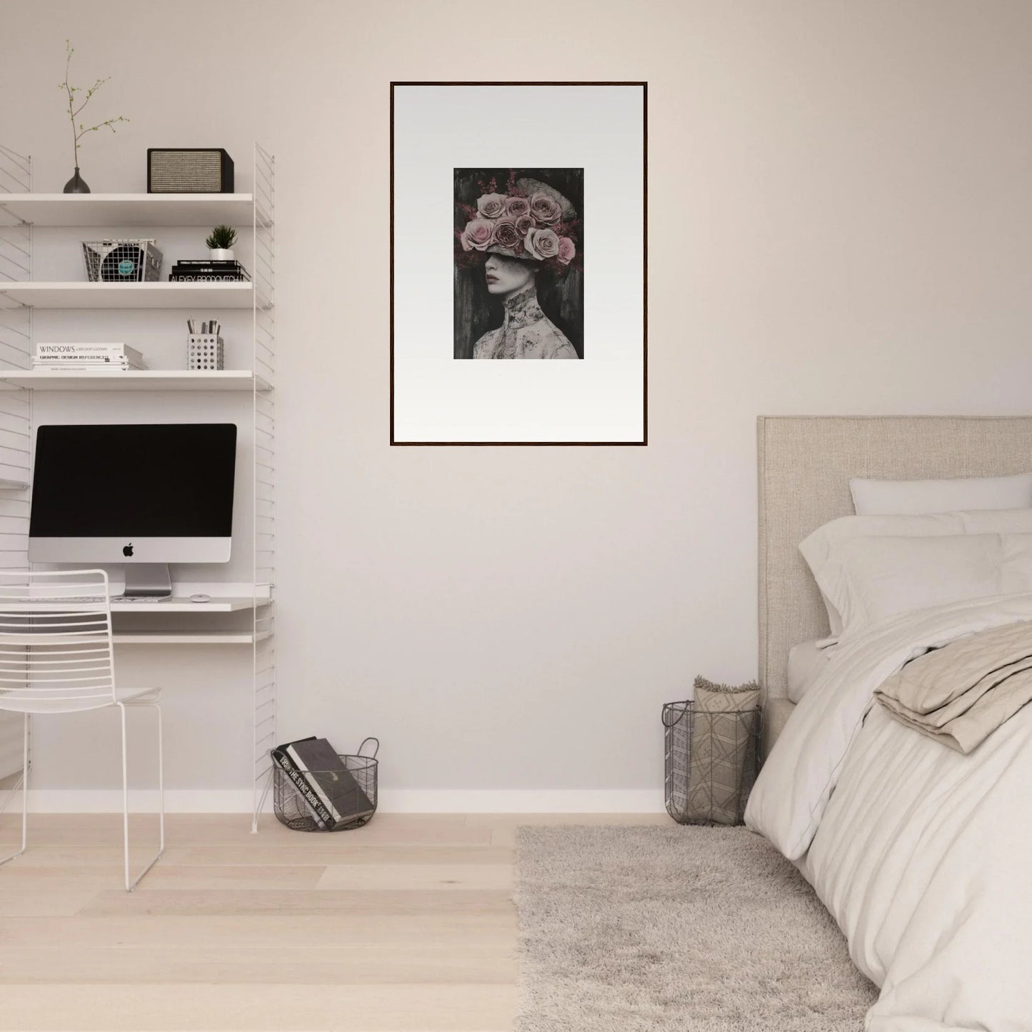Minimalist bedroom featuring Floral Odyssey Veil and framed wall art on floating shelves