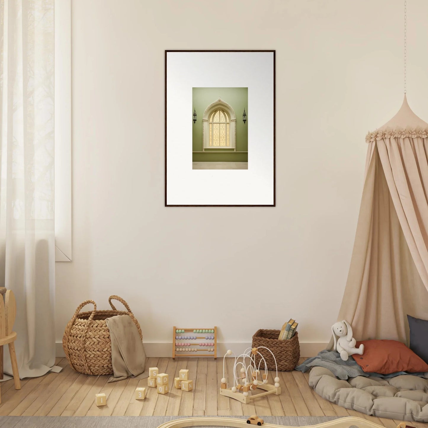 Framed wall art of an arched church window from Opalescent Tranquility Dwelling