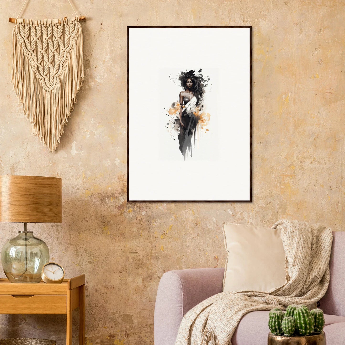 Artistic black and peach watercolor figure in minimalist style, Harlequin Suns Wash framed wall art