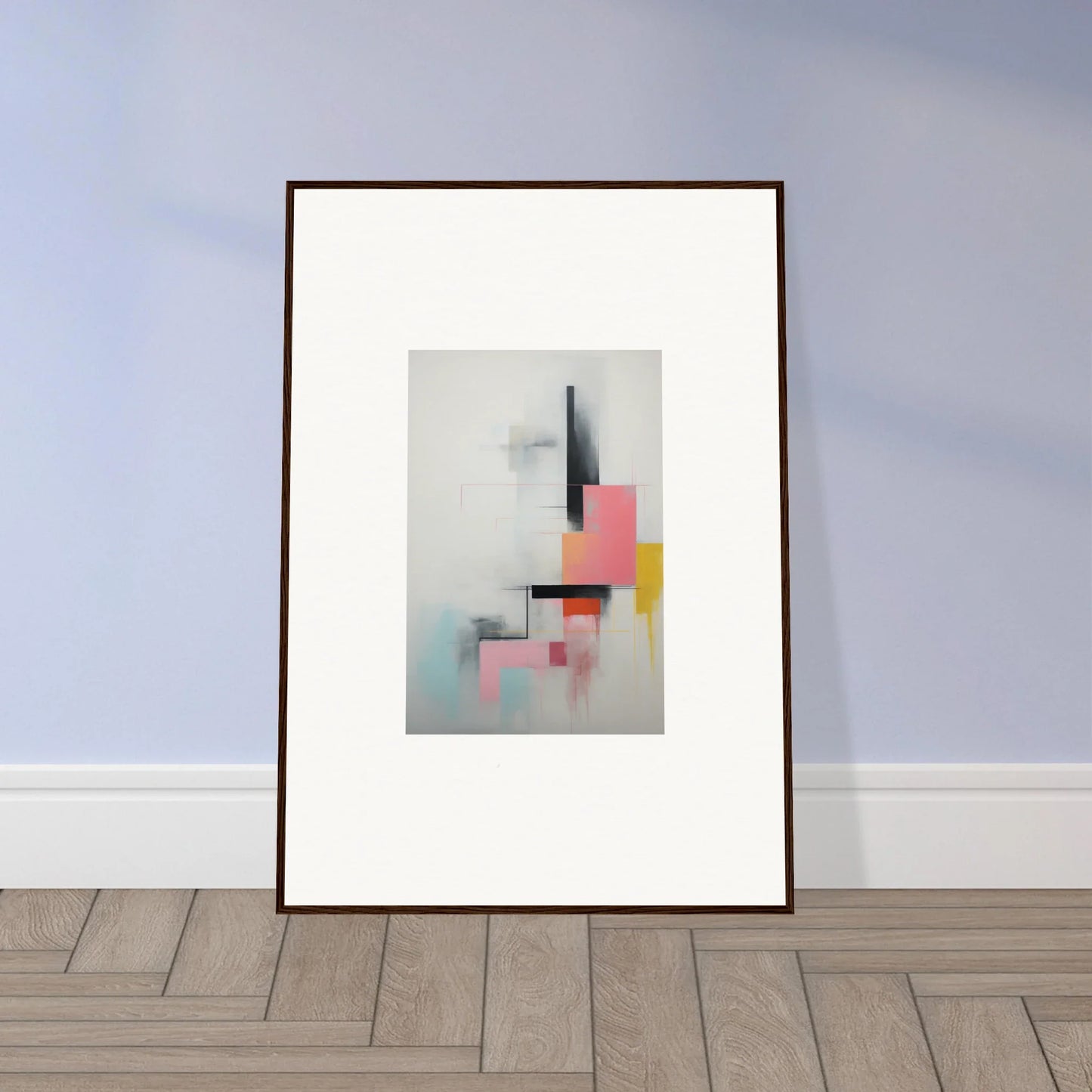 Framed wall art of Ethereal Chrome Juxtaposition with pink, yellow, and gray shapes