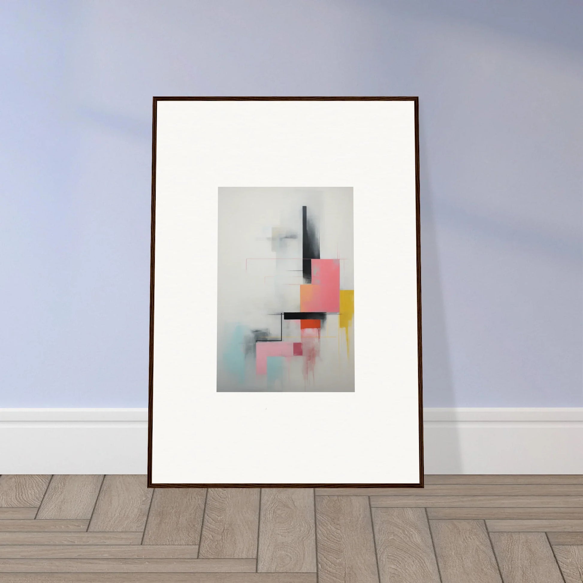Framed wall art of Ethereal Chrome Juxtaposition with pink, yellow, and gray shapes