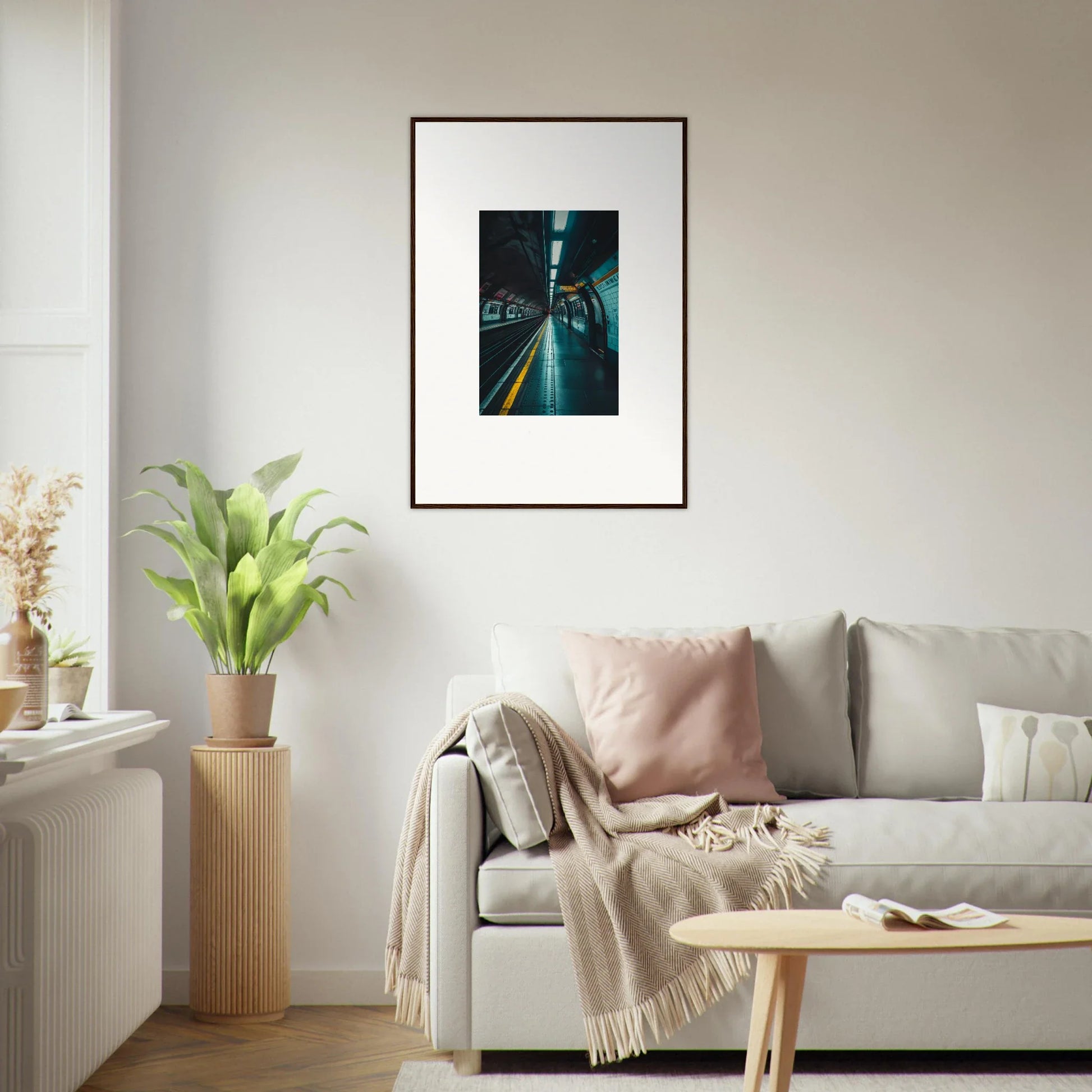 Framed photograph of a moody subway tunnel in turquoise for Portal Echo Anatomy art™