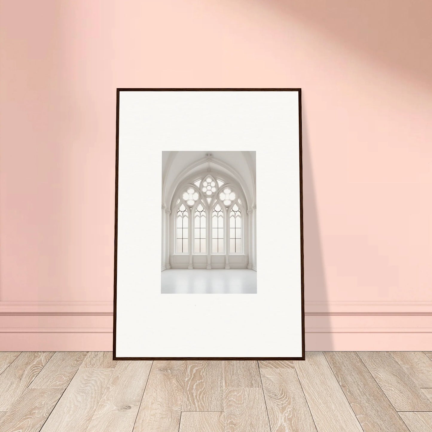 Framed wall art of a Gothic church window in Ethereal Light Elegy style
