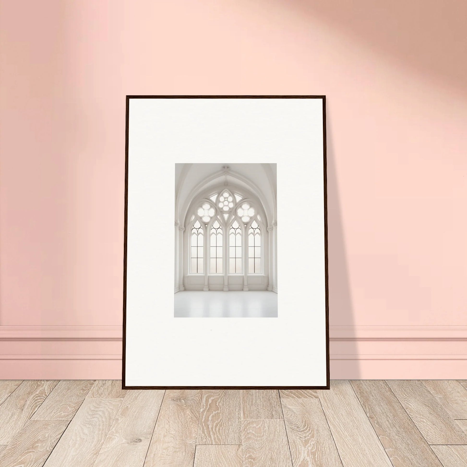 Framed wall art of a Gothic church window in Ethereal Light Elegy style