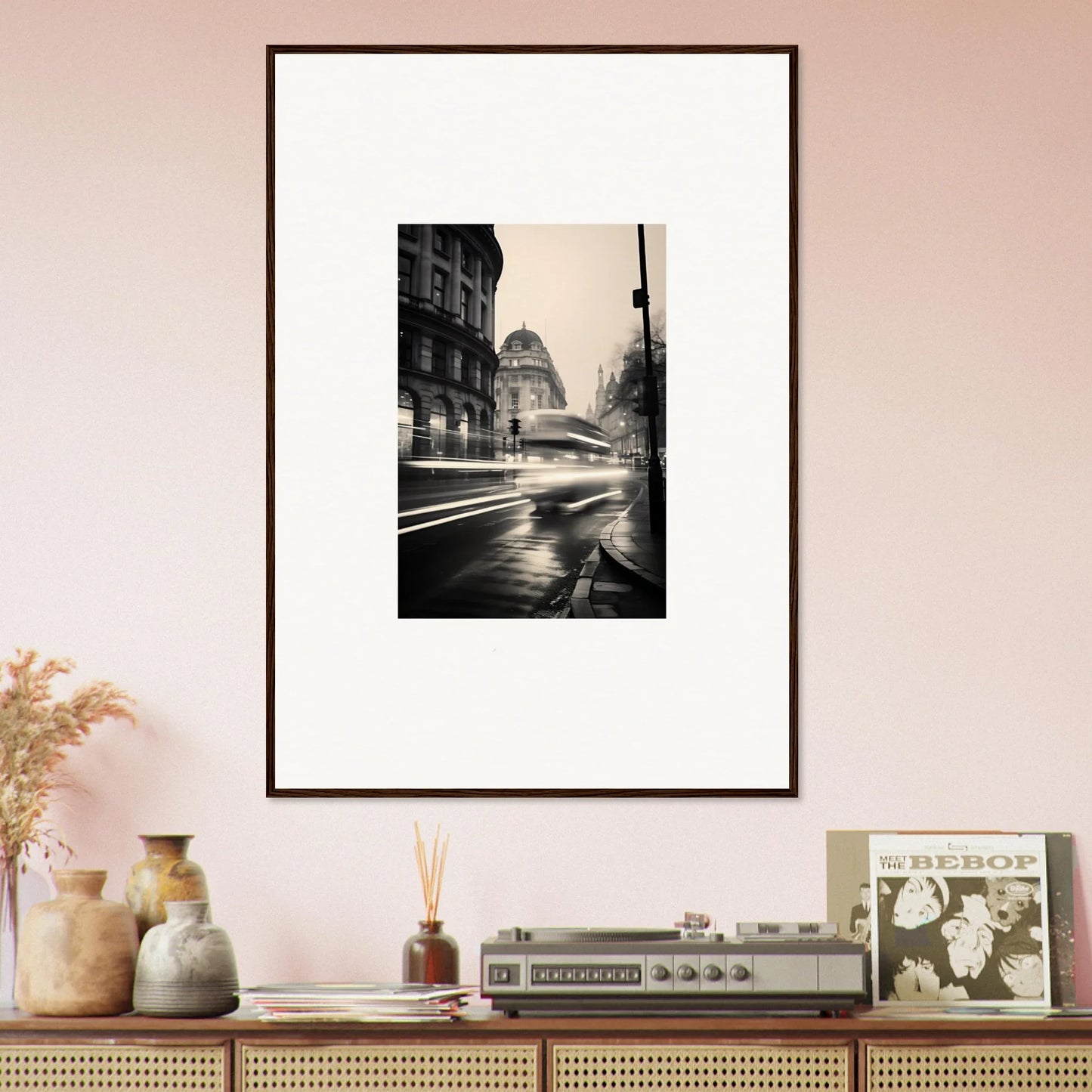 Framed black and white photo of a rainy city scene from Ethereal Citypulse Reverie