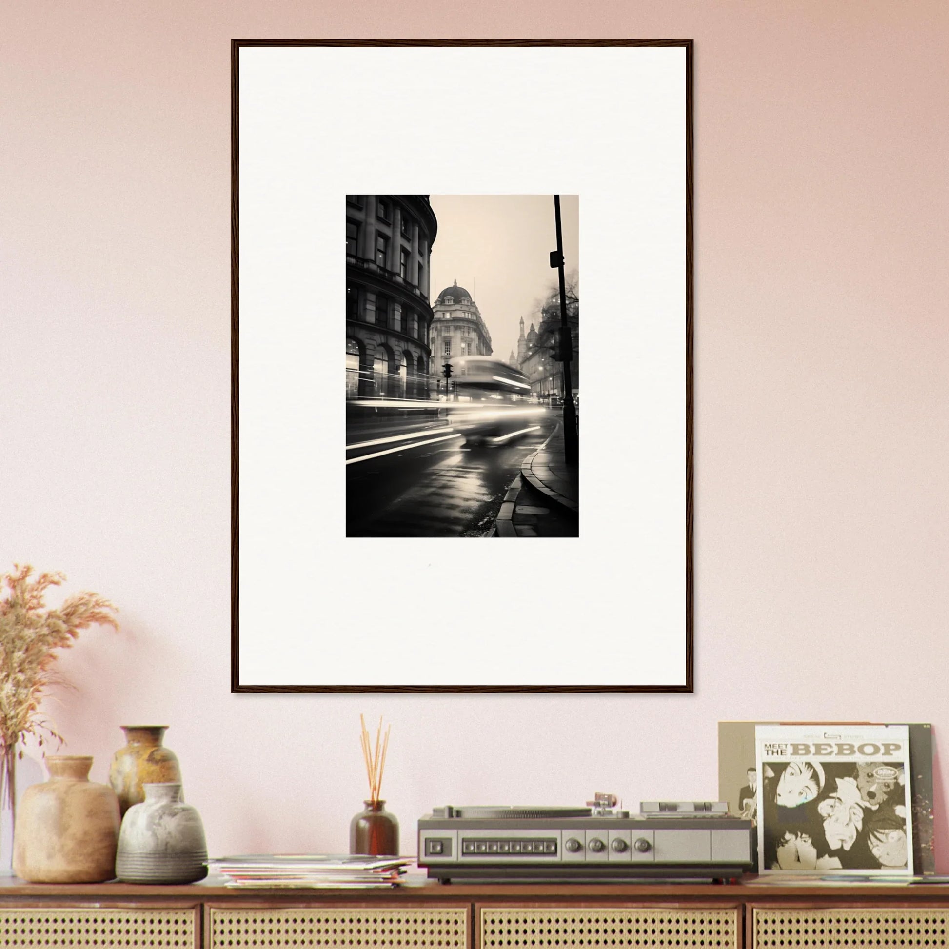 Framed black and white photo of a rainy city scene from Ethereal Citypulse Reverie