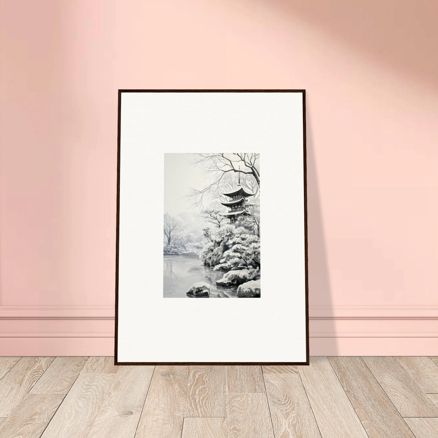 Framed wall art of a misty pagoda in trees for Crystallized Blossom Oasis collection
