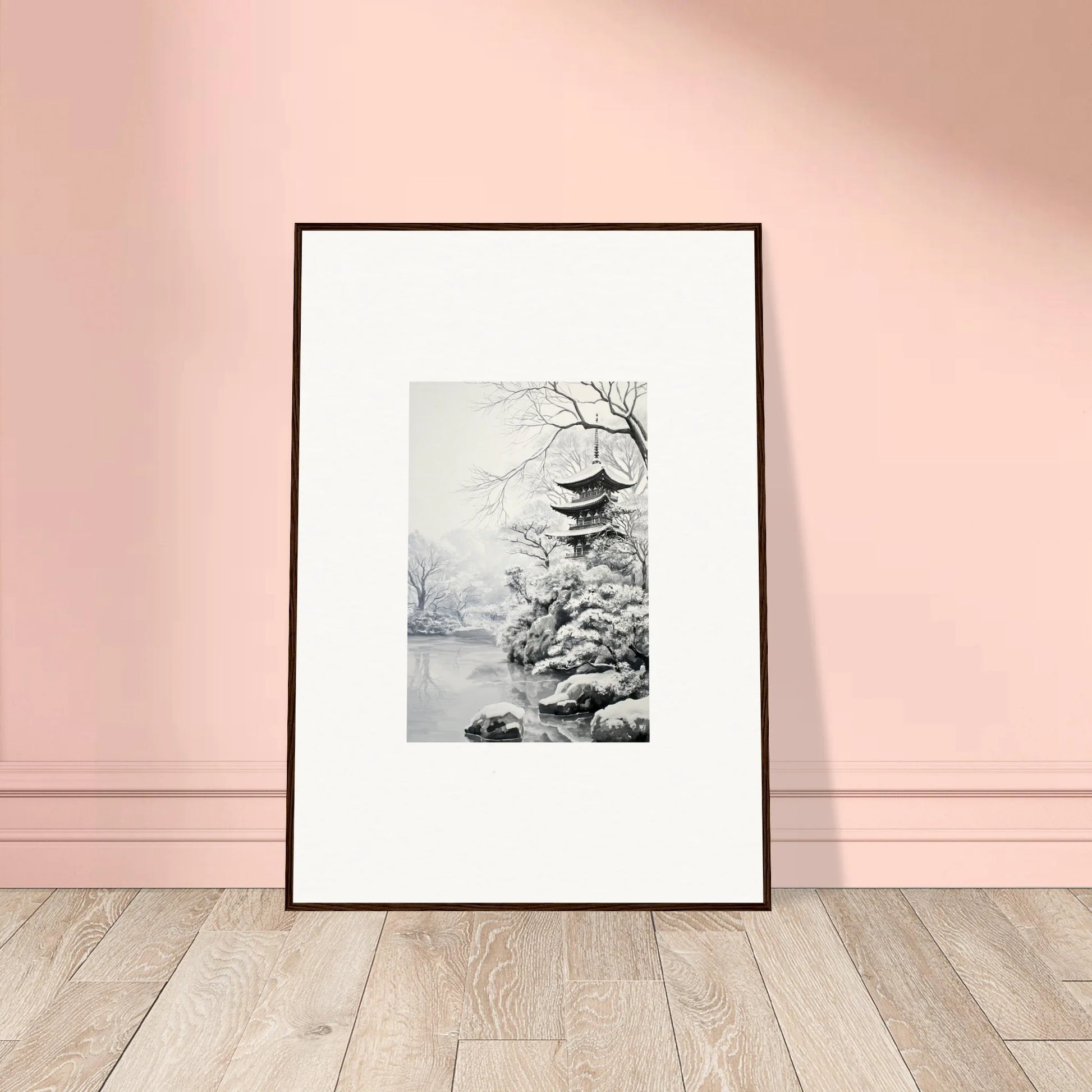 Framed wall art of a misty pagoda in trees for Crystallized Blossom Oasis collection