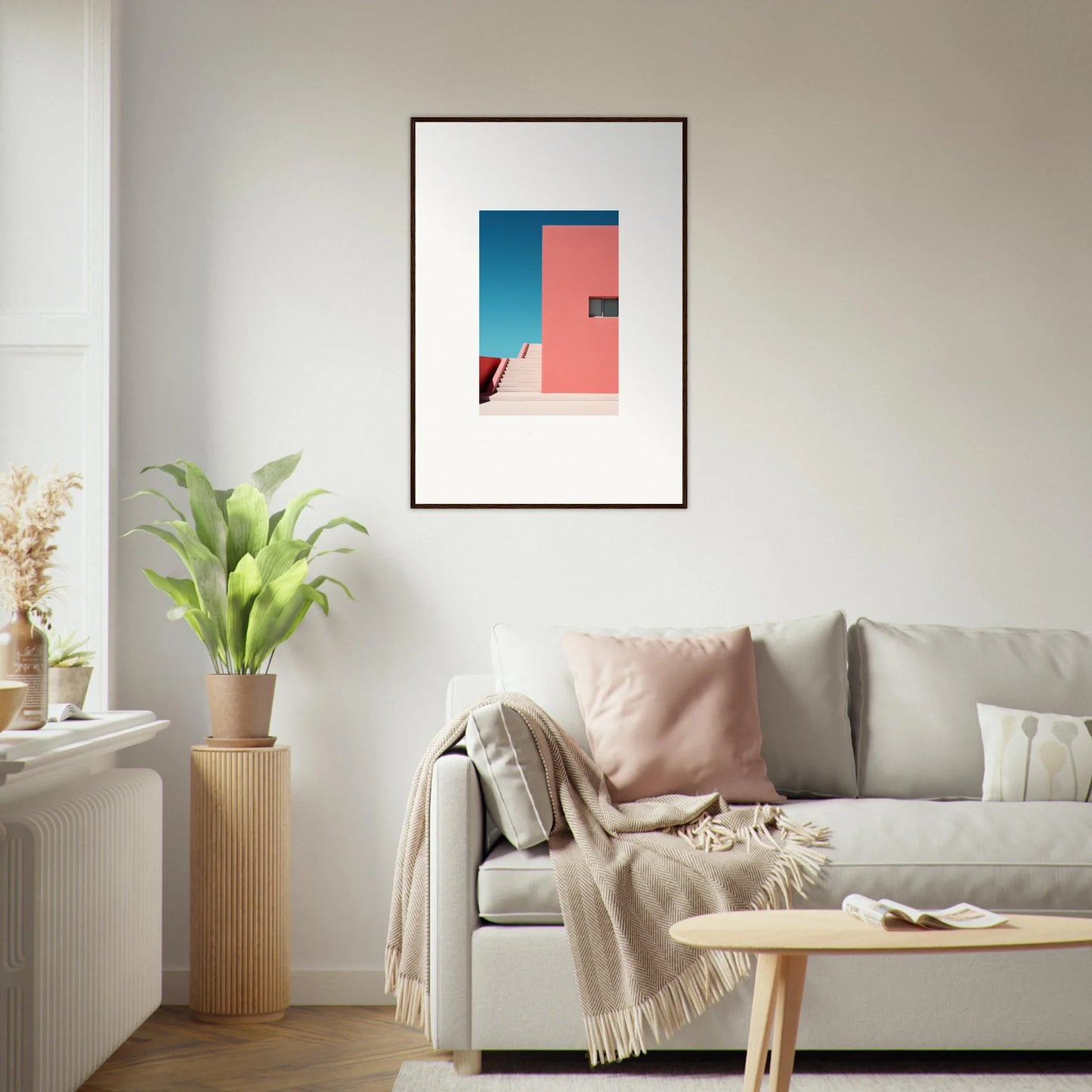 Framed wall art of Cerulean Dream Ickles with pink and blue architectural elements
