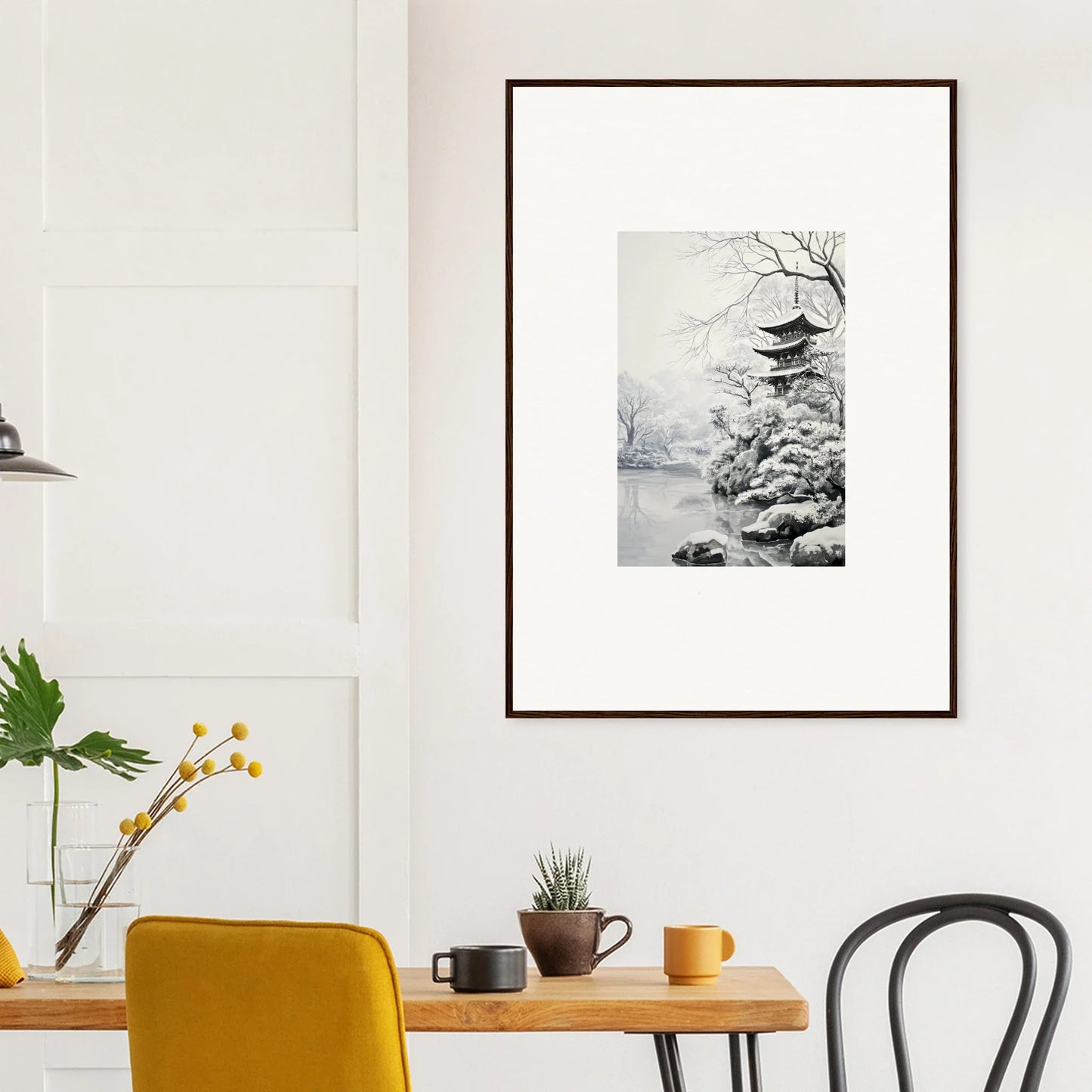 Framed wall art of a Japanese pagoda in winter for Crystallized Blossom Oasis