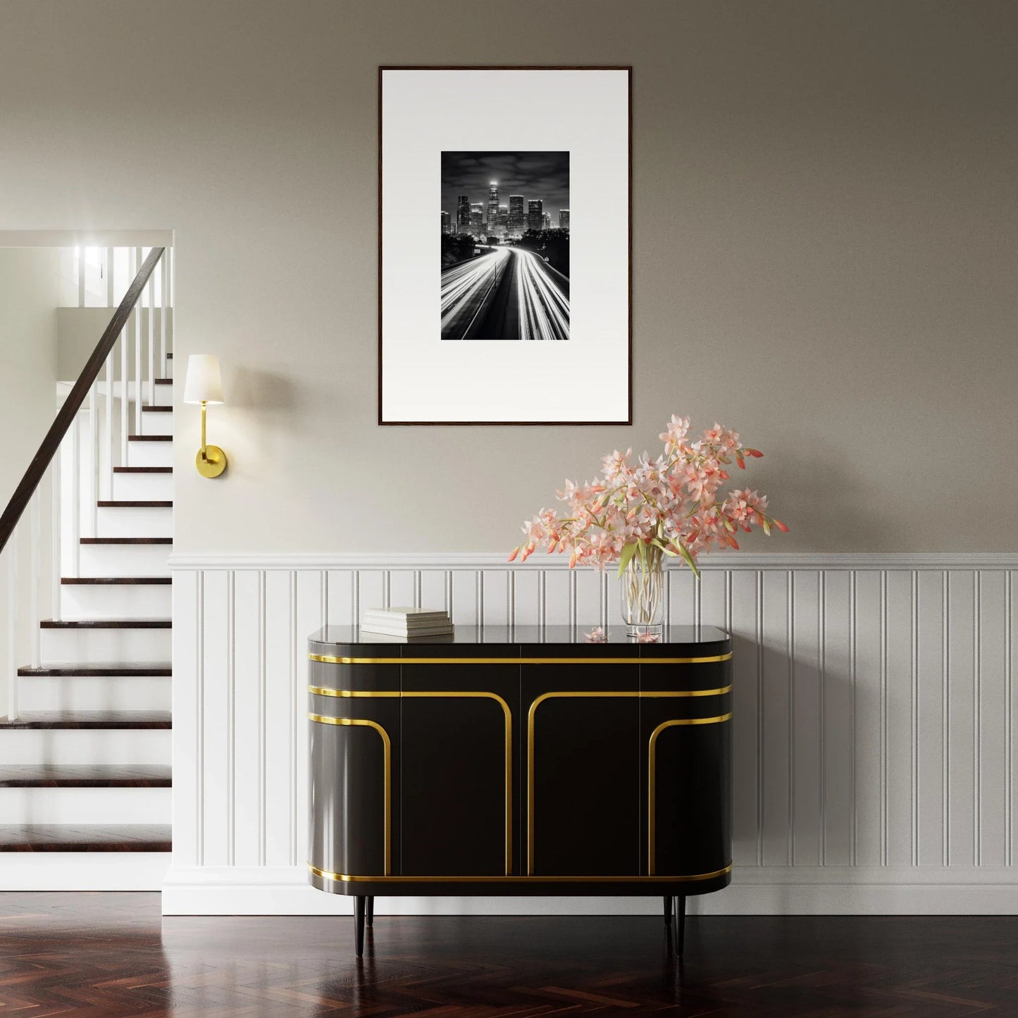 Art Deco-style black cabinet with gold trim, part of Streams through Steel collection