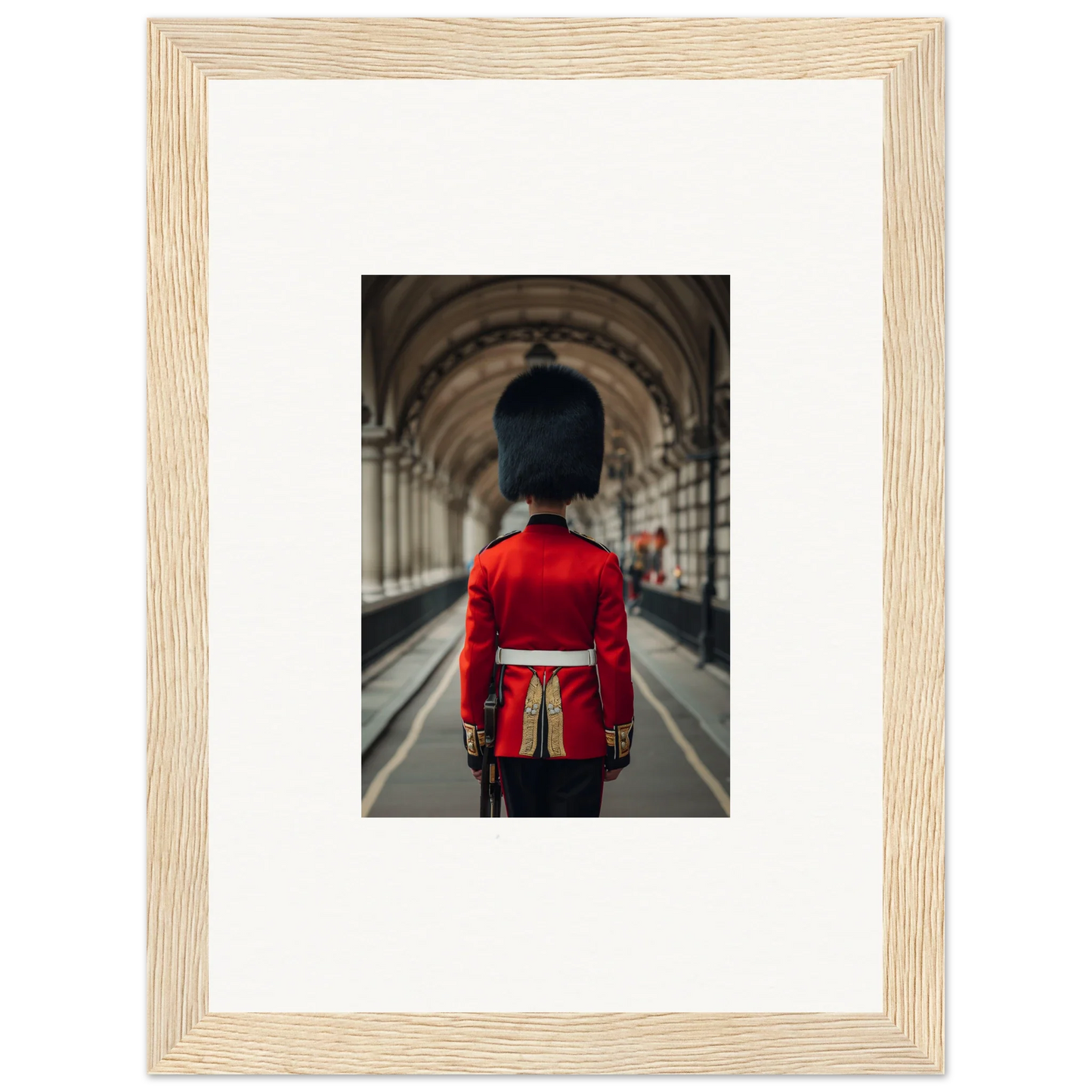 Royal guard in red uniform and bearskin hat from Scarlet Temporal Century framed art
