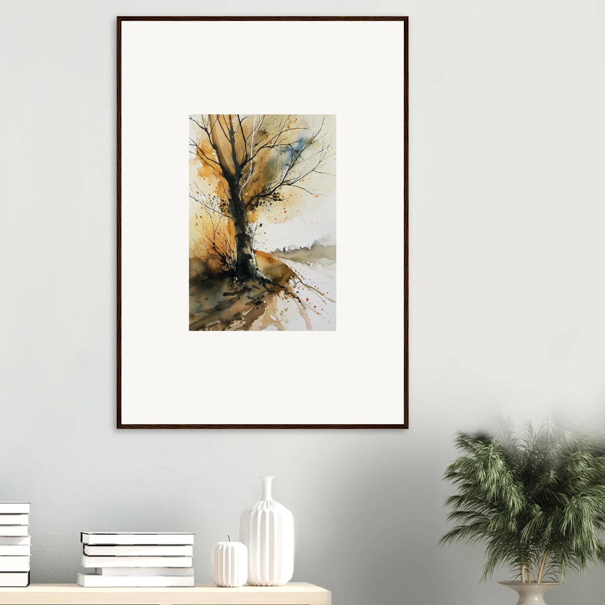 Framed watercolor wall art of autumn tree by a lake, perfect for room decoration