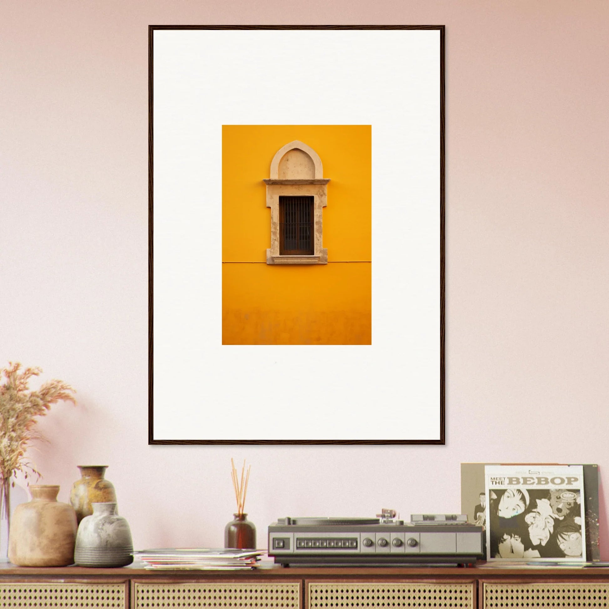 Framed wall art of a window on yellow wall from Golden Correspondence Portal collection