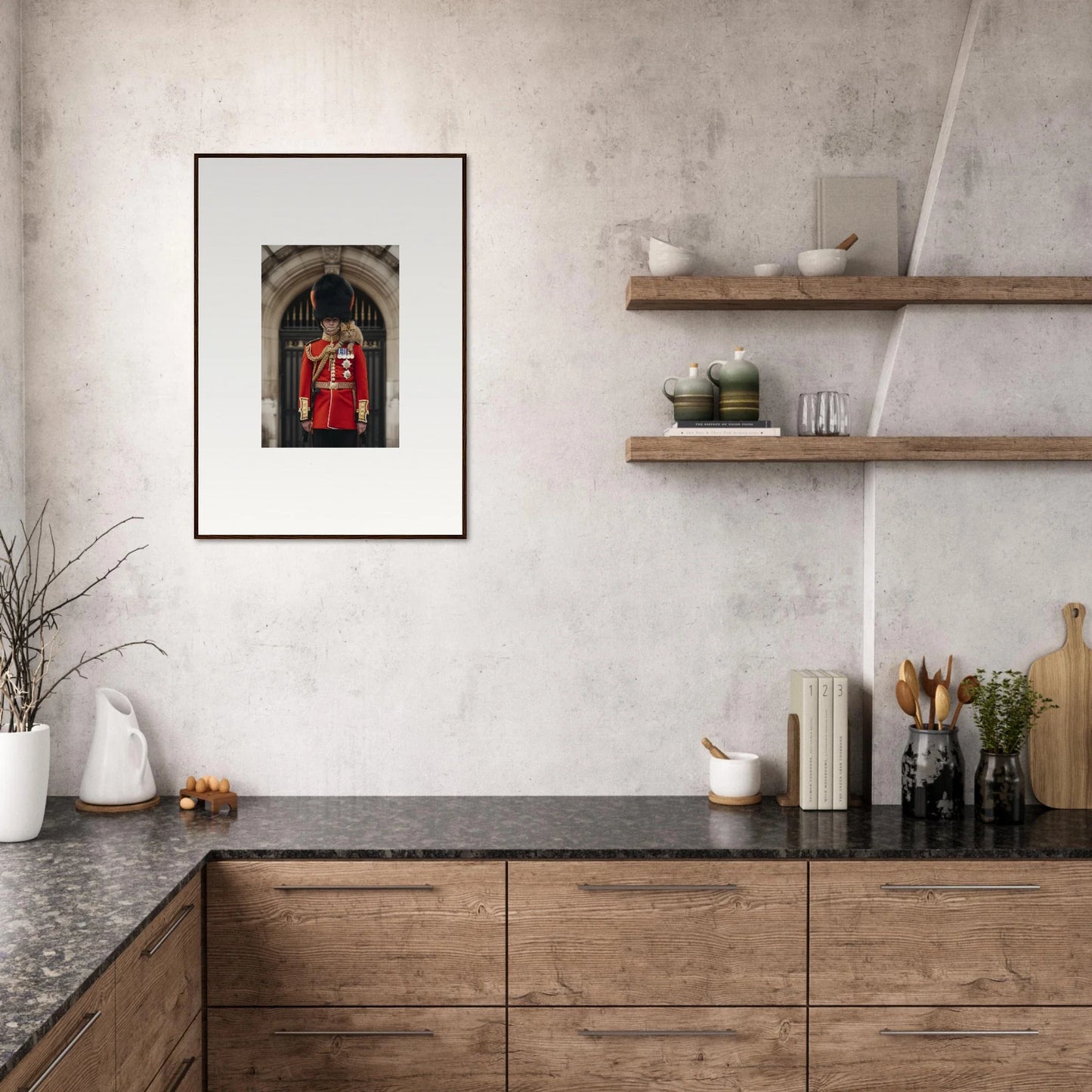 Modern kitchen with wooden cabinets and dark stone countertops in Royal Red Reverie design