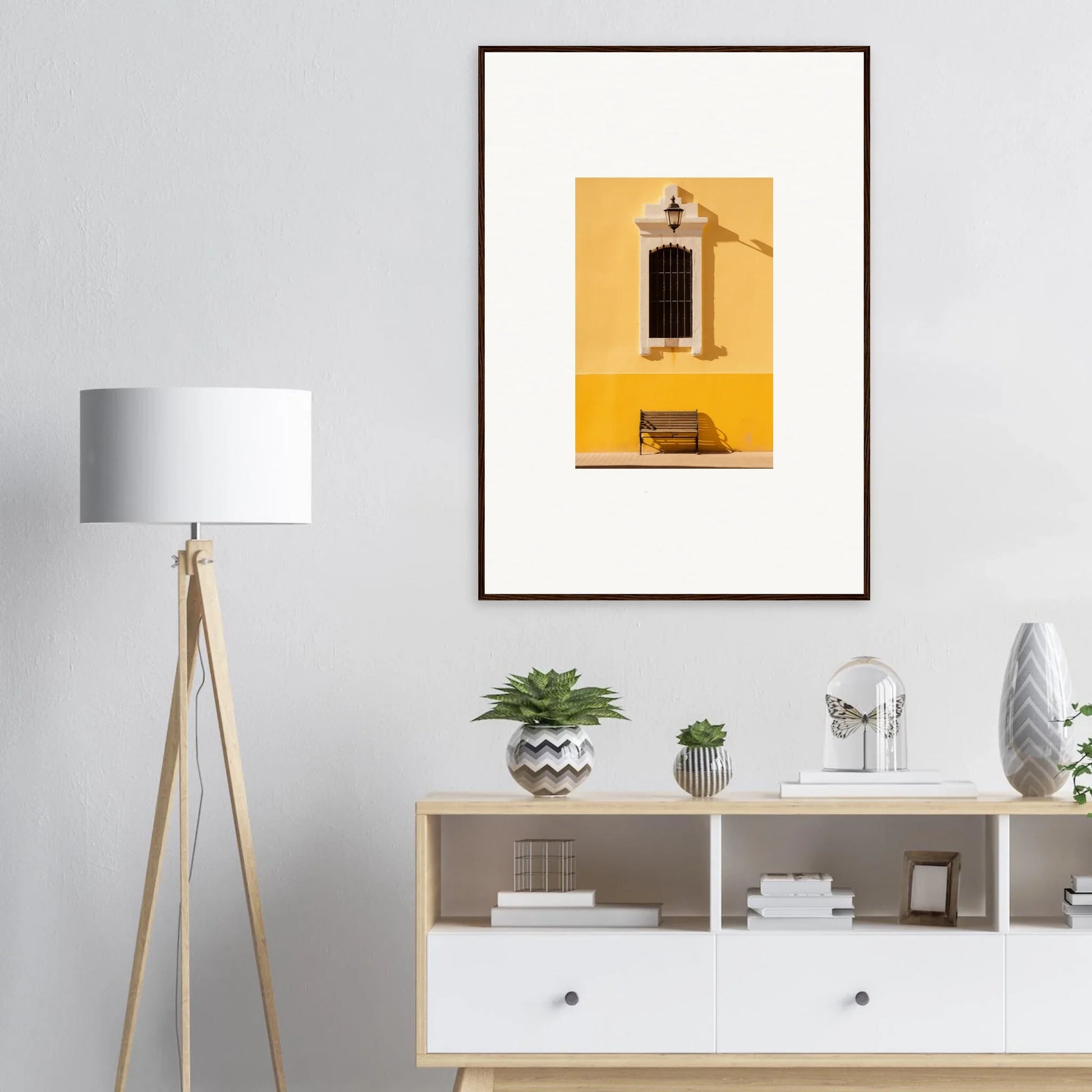 Framed premium wall art of a yellow building with a window and bench for Six-light Cult Optionsky