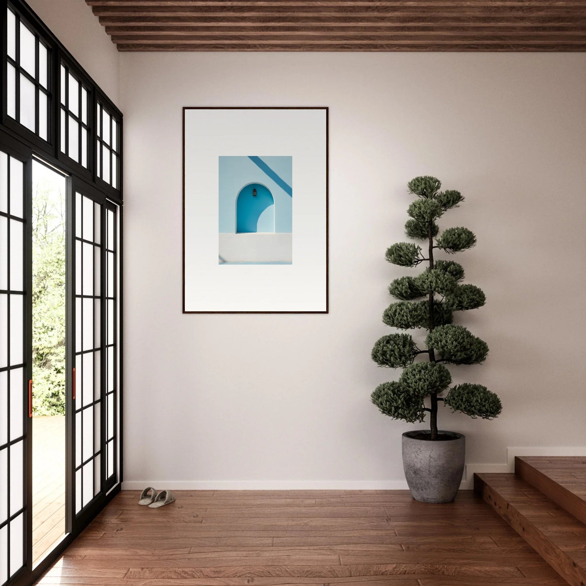 Framed wall art of a light blue archway in Elusive Solitude Clarity design