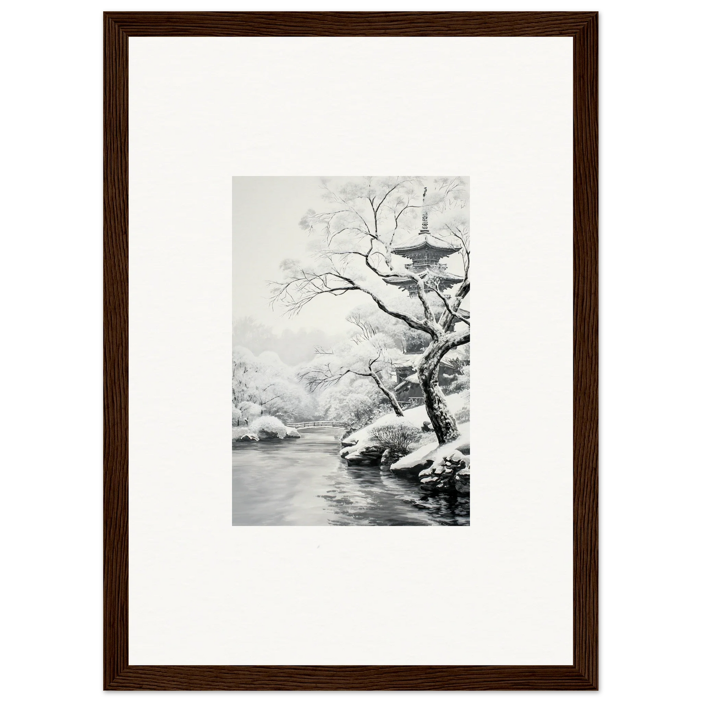 Framed black and white artwork of a winter landscape for Metaphysical Winter Reverie