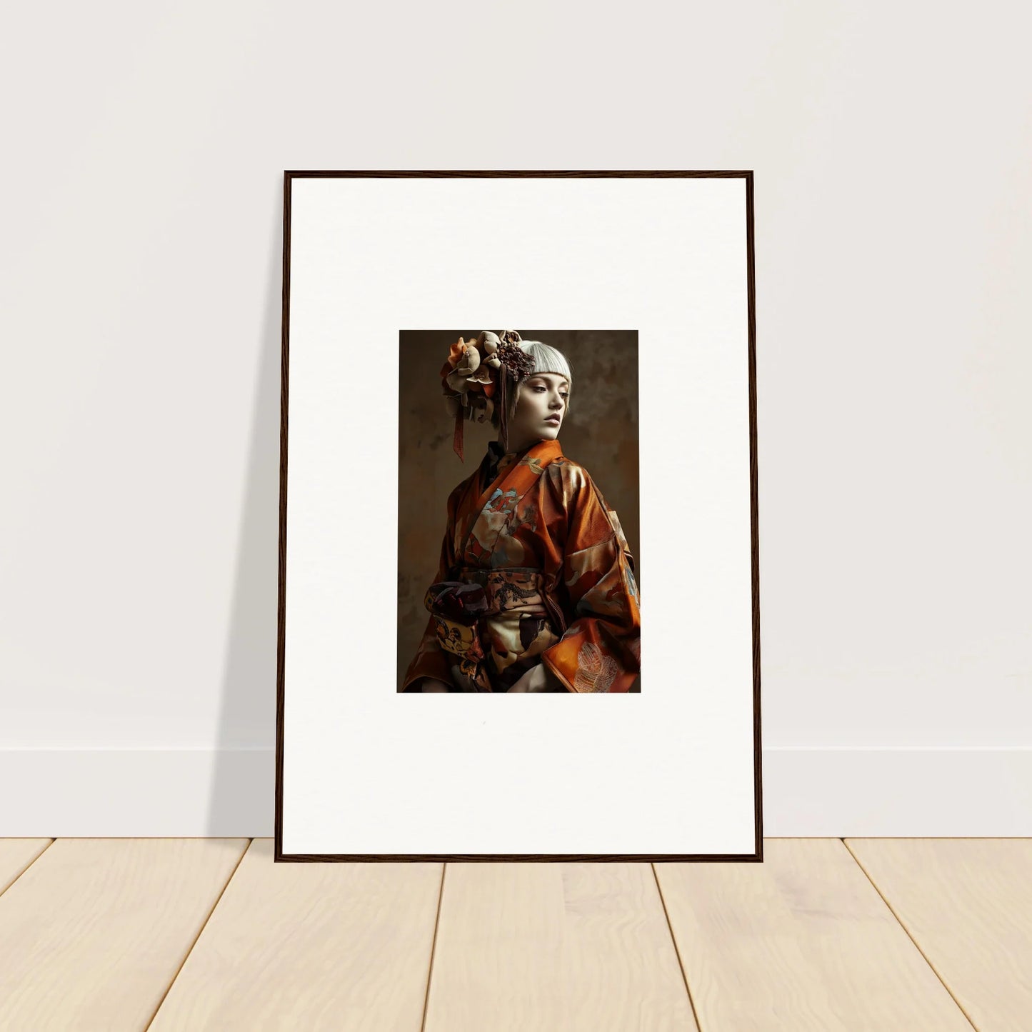 Framed portrait of a woman in traditional Japanese attire for unique room decoration