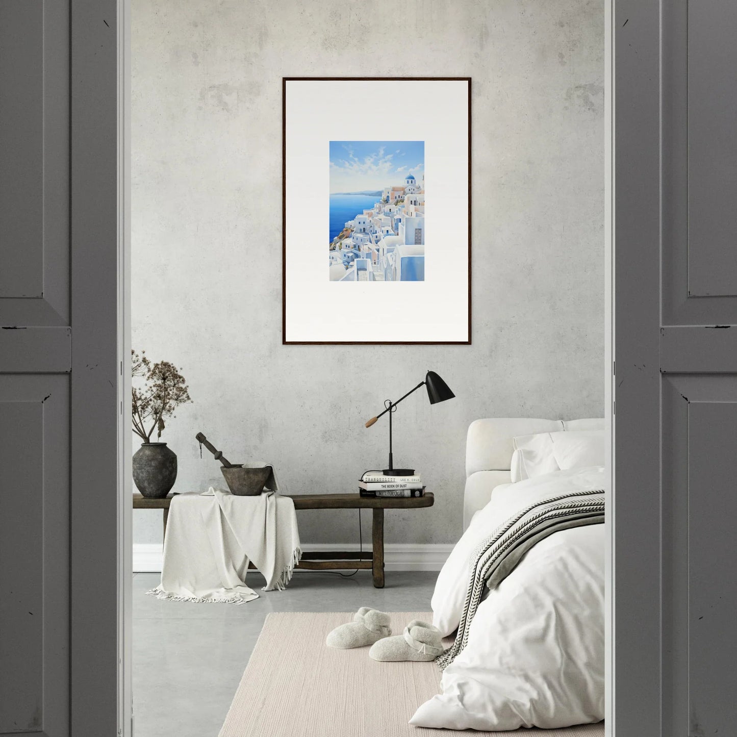 Framed wall art featuring Santorini’s iconic white buildings and blue domes, Dreams Overlapping Reality