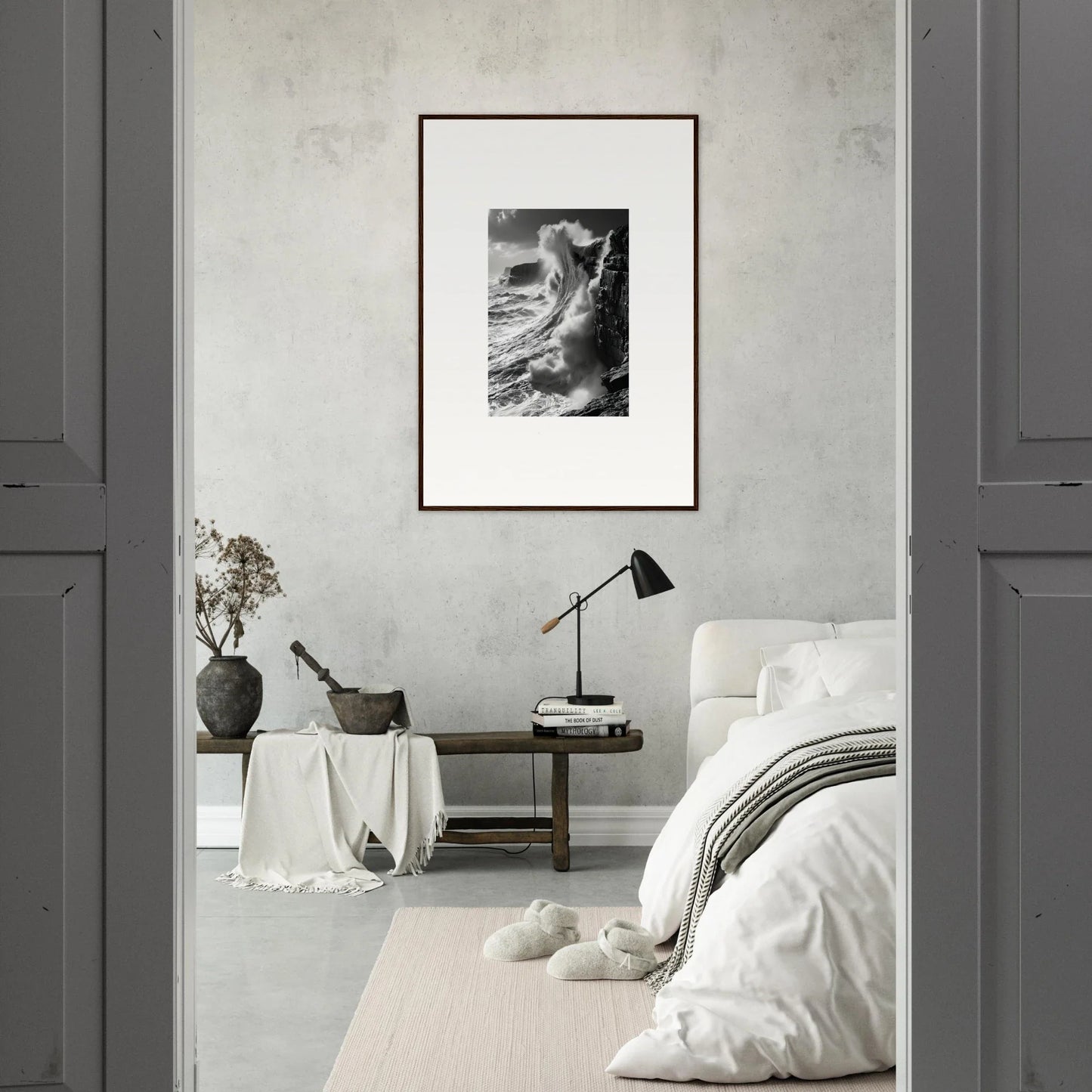Monochromatic bedroom with minimalist decor and Tidal Curved Reality framed wall art