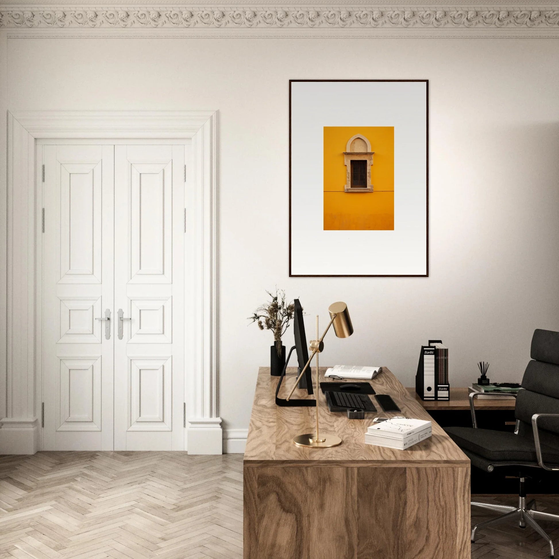 Wooden desk with a typewriter and supplies for Golden Correspondence Portal art