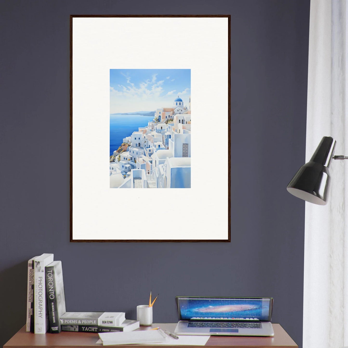 Framed artwork of Santorini’s white buildings and blue domes for Dreams Overlapping Reality