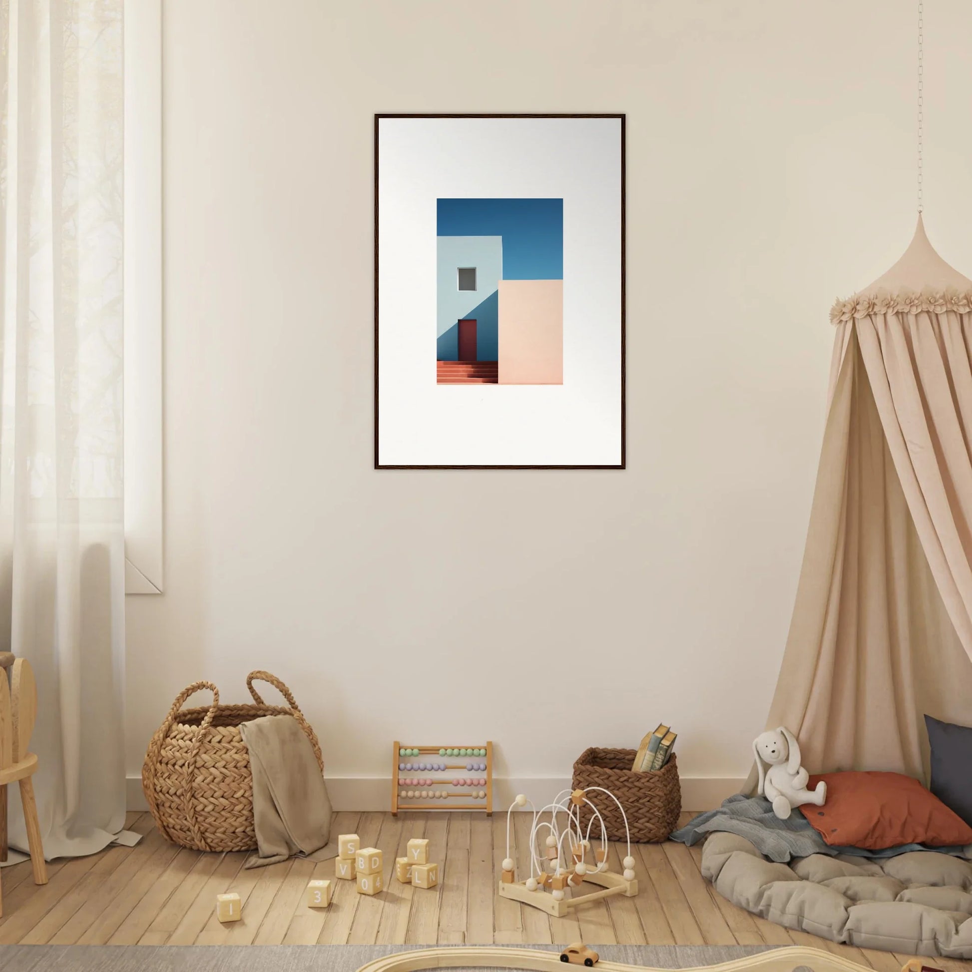 Framed minimalist art print Tangents of Porcelain with geometric shapes in blue and coral