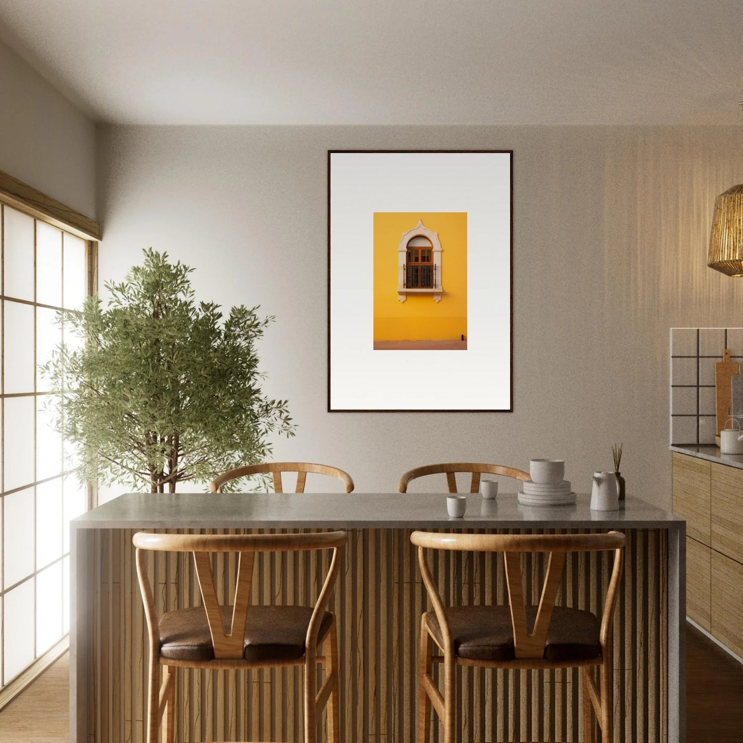 Minimalist dining table with wooden chairs and Golden Portal Reverie artwork above