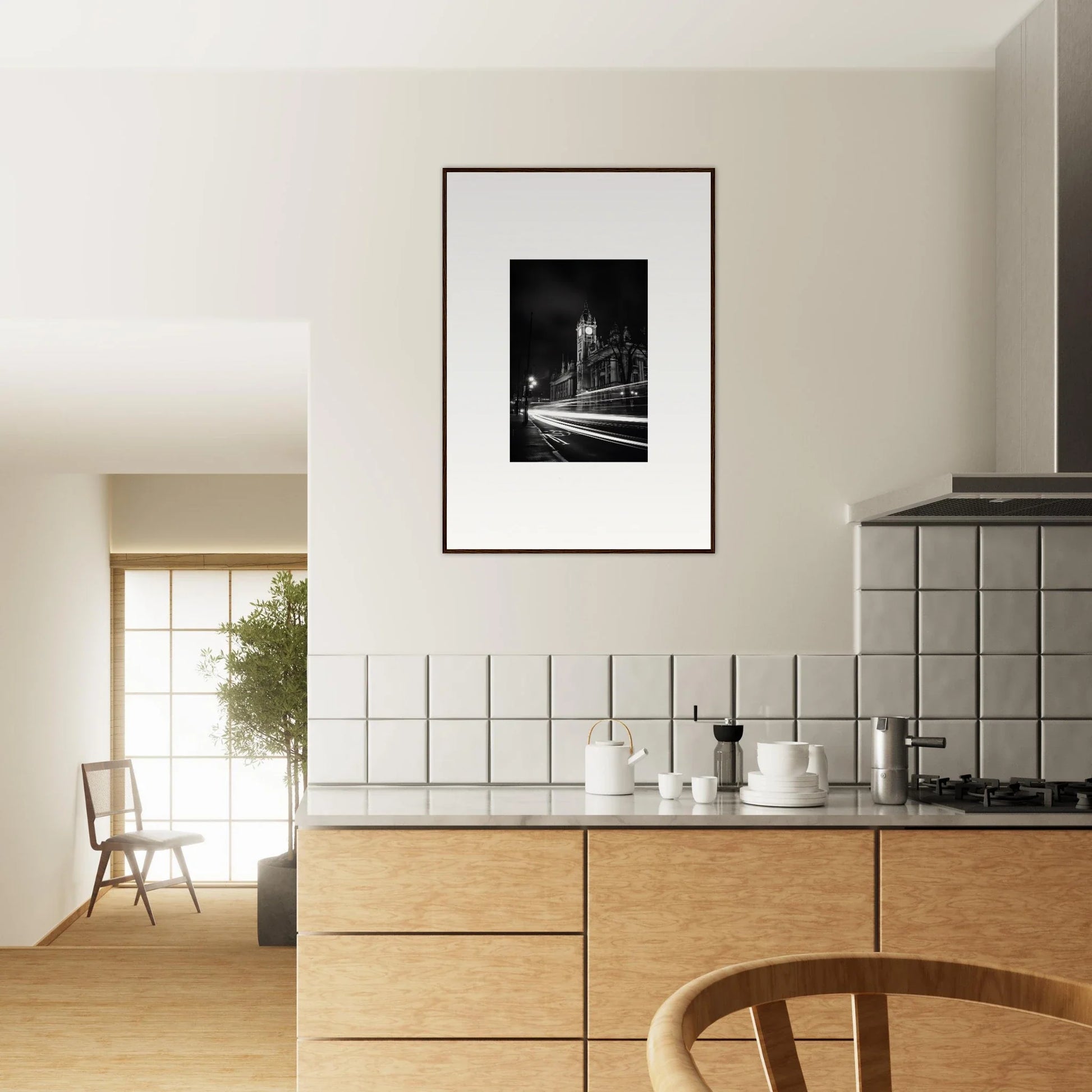 Black and white framed wall art of a city at night from Temporal Phantasm Glide special edition art™
